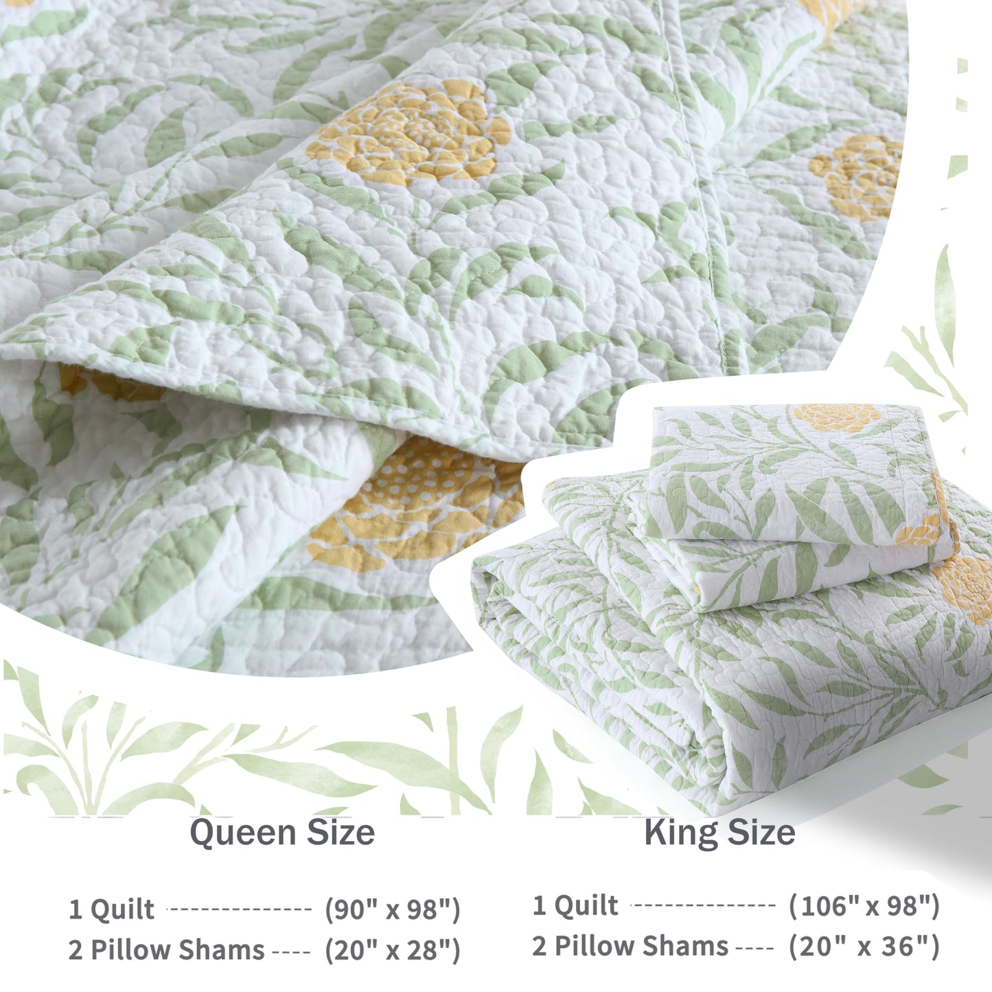 Homzard Queen Comforter Set for Bed Floral Quilt Queen size-100% Cotton Yellow,Green,sage Bedspreads (90 * 98 Inch) with 2 Pillow Shams, Lightweight Garden Bedding Spring and Summer Style