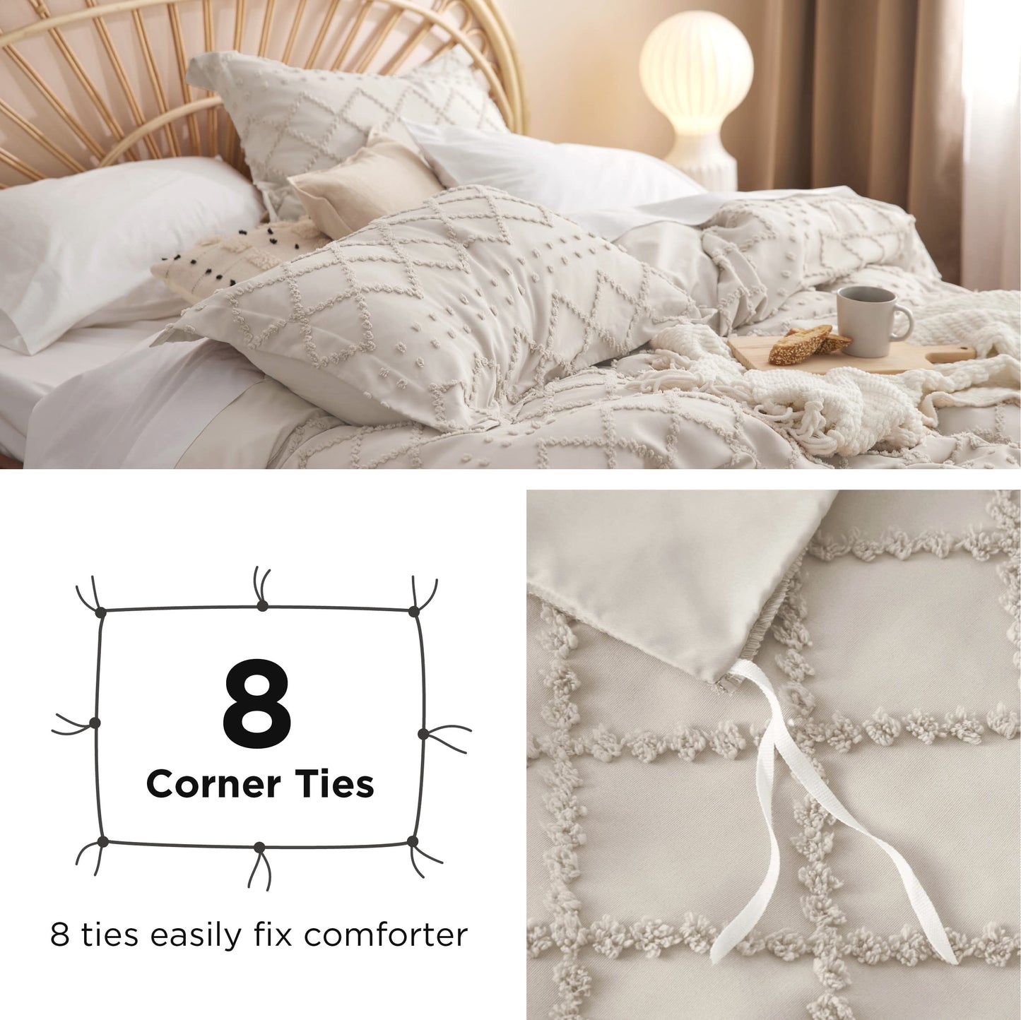 Bedsure Boho Duvet Cover Queen Size - Beige Breathable & Soft Boho Bedding, Machine Washable Comforter Cover for All Seasons, Includes 1 Duvet Cover 90"x90" with 2 Pillow Shams & Zipper Closure