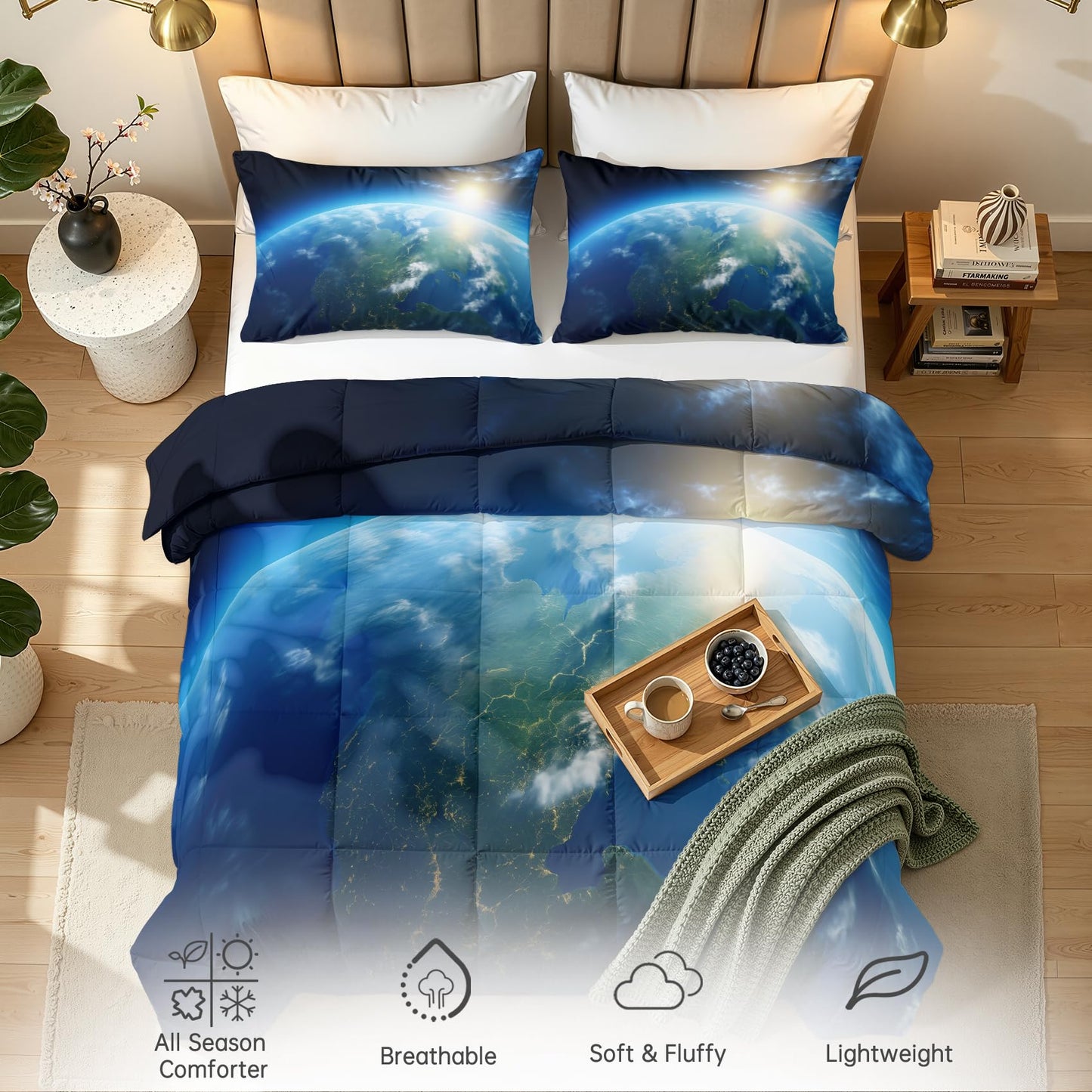 Earth Comforter Set Queen Size 3 Pcs - All Season Comforter & 2 Pillowcases, Space Planet Bedding Set, Soft Lightweight Down Alternative Duvet Insert, Boys Astronomy Bedroom Decor