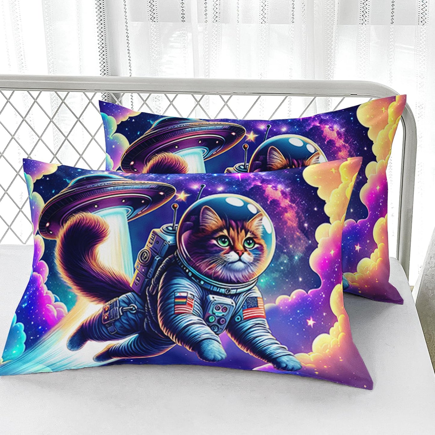 AILONEN 3D Kids Astronaut Bed Sheet Set - Fitted Sheet with 2 Pillowcases, Colorful Galaxy Ship Pattern