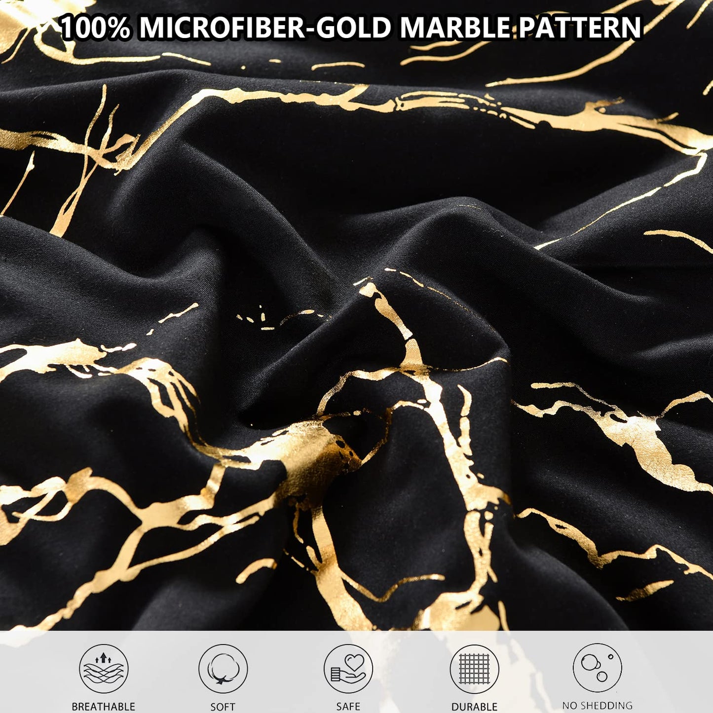 Yogeneg Gold Metallic Marble King Size Comforter Set,7 Piece Bed in a Bag,Foil Print Glitter Black Comforter and Sheet Set,All Season Soft Microfiber Complete Bedding Sets(Black,King)