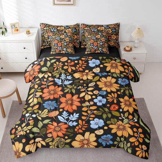 Erosebridal Botanical Comforter Set 7 Piece Bed in a Bag Twin,Watercolor Blossom Leaves Bedding Sets Boho Floral Sheet Set with Comforter,Colorful Plant Leaf Bed Set