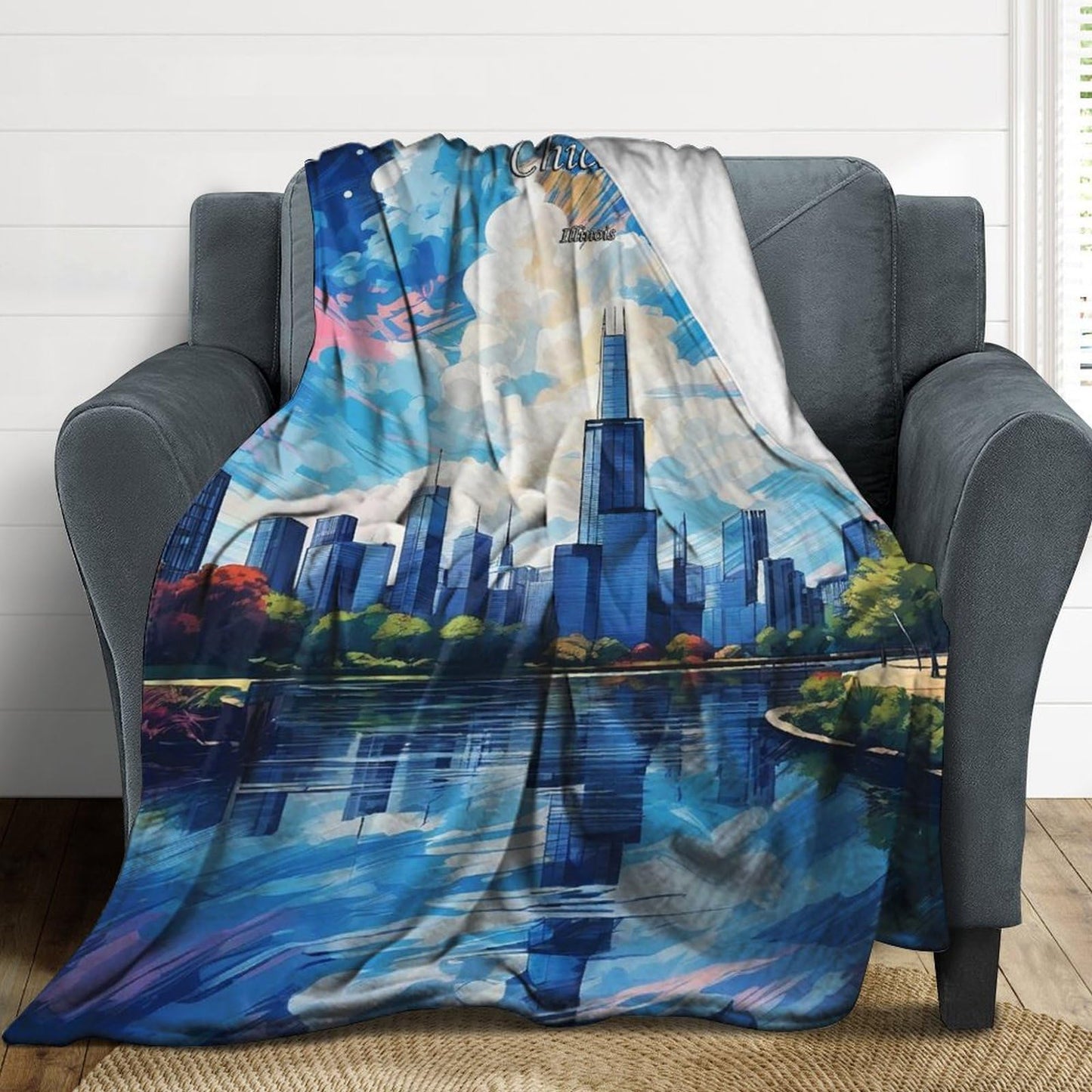 Chicago Illinois City Skyline Landscape Abstract Blanket Soft Flannel Lightweight Blanket Outdoor Travel Carry Living Room Bedroom Sofa Decoration Gifts 50x60 Inch