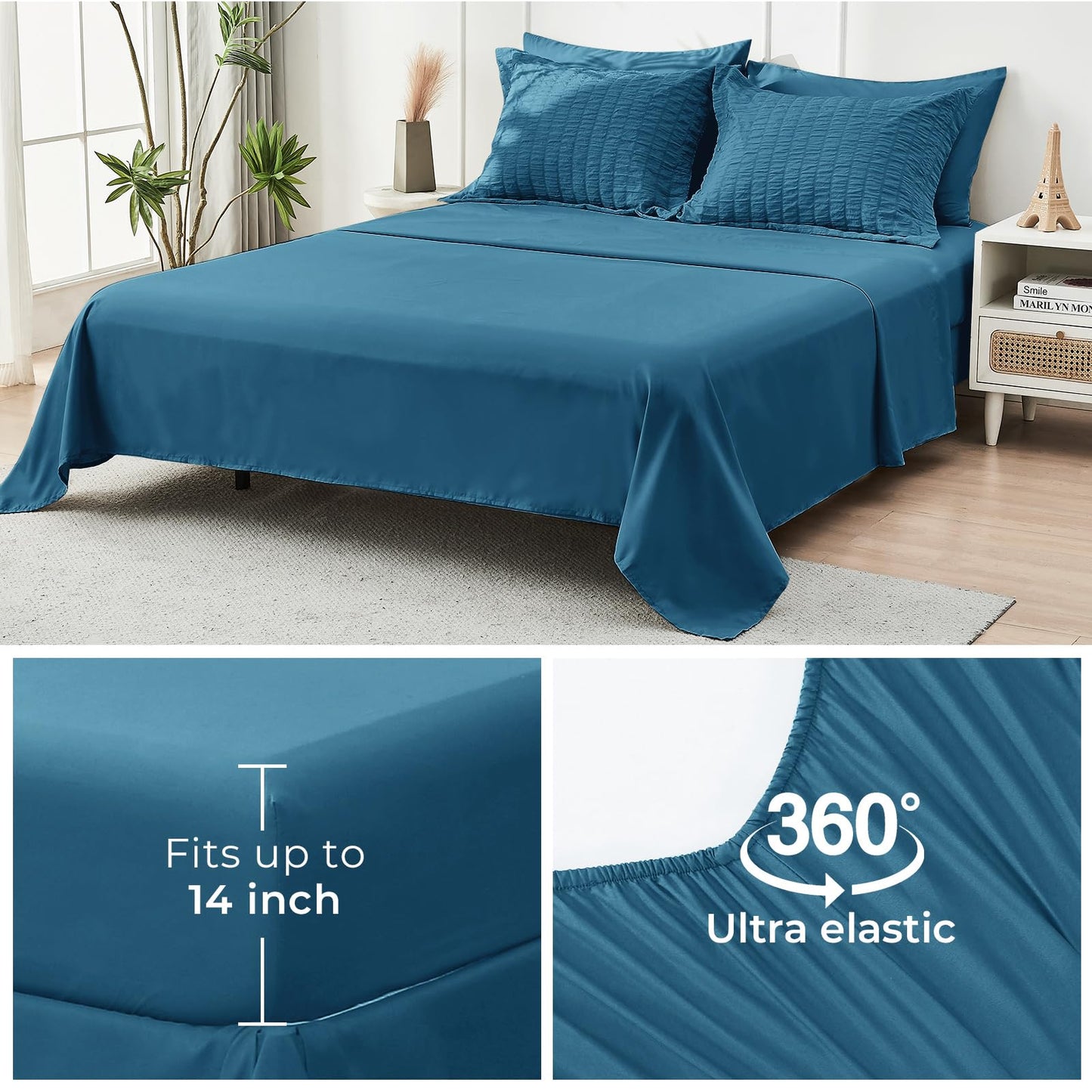 HYMOKEGE Teal Oversized Queen Comforter Set Seersucker 7 Pieces, All Season Luxury Bed in a Bag for Bedroom, Bedding Set with Comforter, Sheets, Pillowcases & Shams