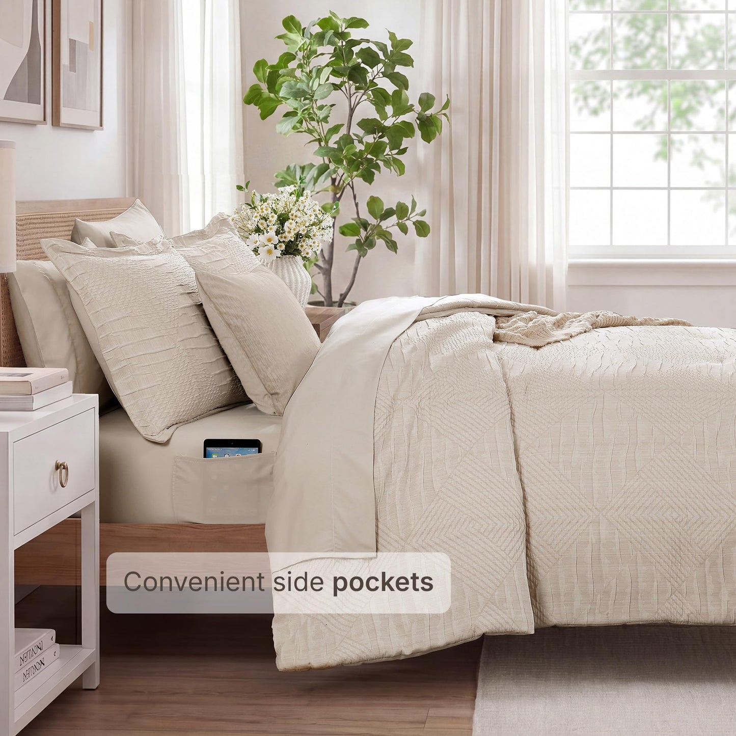 MaiRêve Queen Comforter Set Beige, Crinkle Textured Design Boho Bedding Set 7 Pieces Bed in A Bag, All Season Geometric Comforter Set with Sheets, Pillowcases & Shams