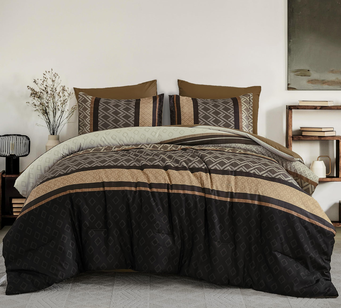 Cottolester Brown Comforter Set Queen Size,Boho Striped Bed in a Bag,7 Piece Plaid Comforter and Sheet Set, Soft Microfiber Complete Bedding Sets