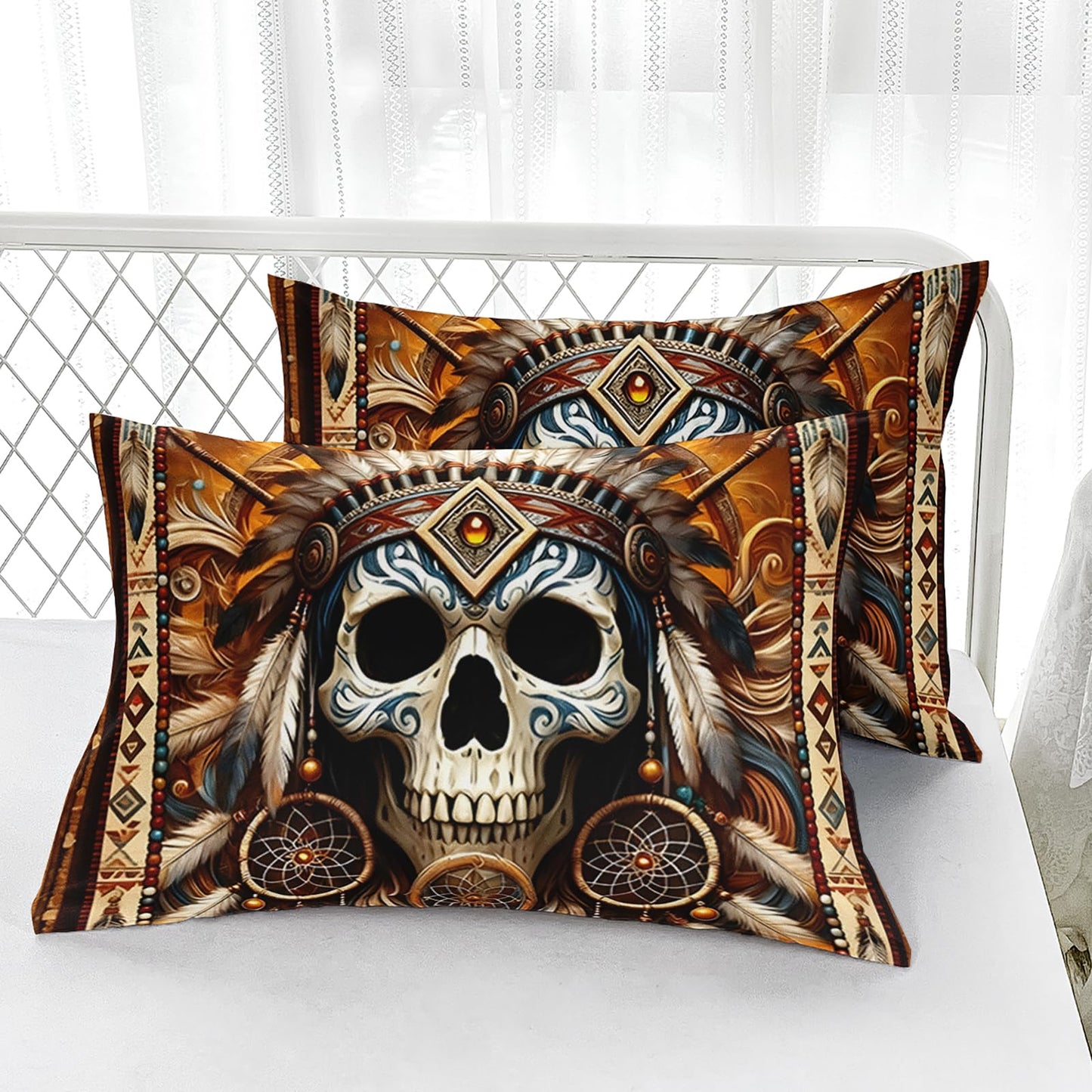 AILONEN Goth Skull Fitted Sheet Set Queen Size,Native American Bedding Set for Room Decor,Ethnic Feather Print Bed Sheets with 2 Pillowcases,3Pcs