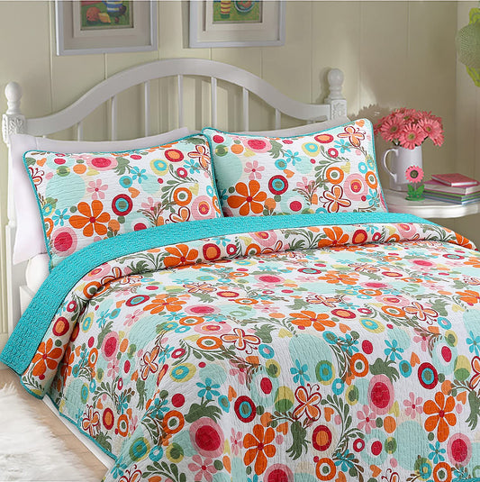 Cozy Line Home Fashions Pink Green Blue Orange Colorful Floral Whimsy Reversible Girl Quilt Bedding Set, Coverlet, Bedspread (Twin - 2 Piece: 1 Quilt + 1 Standard Sham)