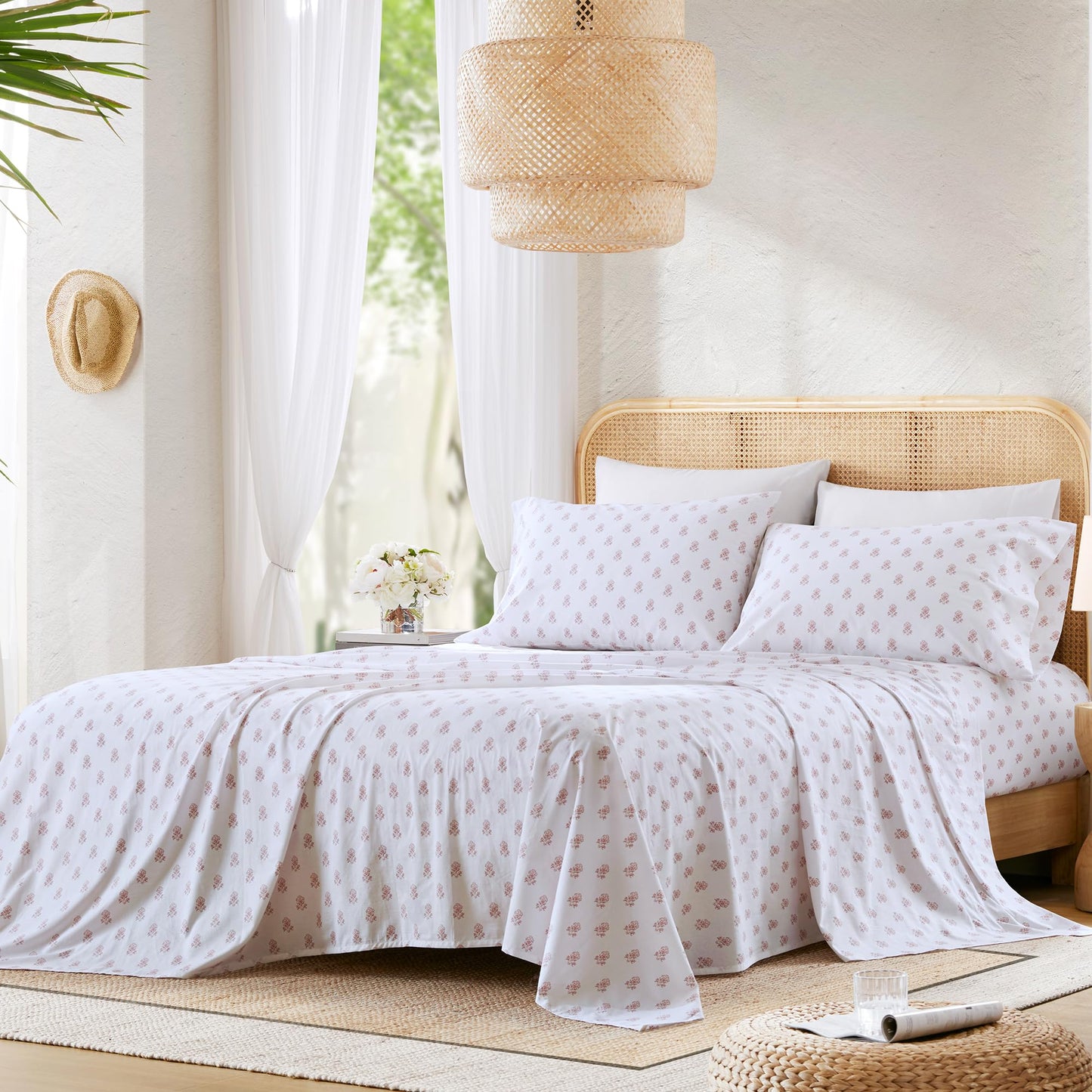 Comfort Spaces 100% Cotton Sheets Full, Breathable, Naturally Cool Cotton Sheets, Soft Cotton Bed Sheets with 14" Elastic Pocket Fits up to 16" Mattress, All Seasons Sheet Set, Floral Pink 4 Piece