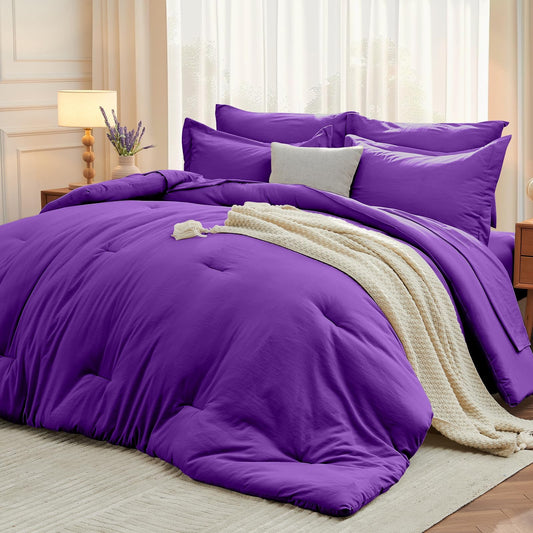 MUXHOMO 7 Pieces King Comforter Set, Soft Bed in a Bag King Size, All Season Bedding Set with Comforter, Flat Sheet, Fitted Sheet, Pillowcases & Shams, Purple