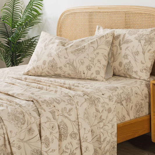Zusbest Queen Sheet Set 100% Percale Cotton Beige Floral Bed Sheet Set, Brushed for Extra Softness, Breathable Luxury Toile Flannel Sheets Like Khaki Flower Print Deep Pocket Sheets 17.5'' 4 Pcs