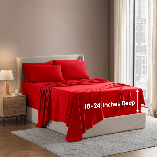 Nestl Extra Deep Cal King Sheet Set - 6 Piece Breathable & Cooling Sheets - Hotel Luxury Bedding Set w/18-24 Inch Deep Pockets - Easy & Secure Fit - Super Soft, Wrinkle Free & Comfy - Red