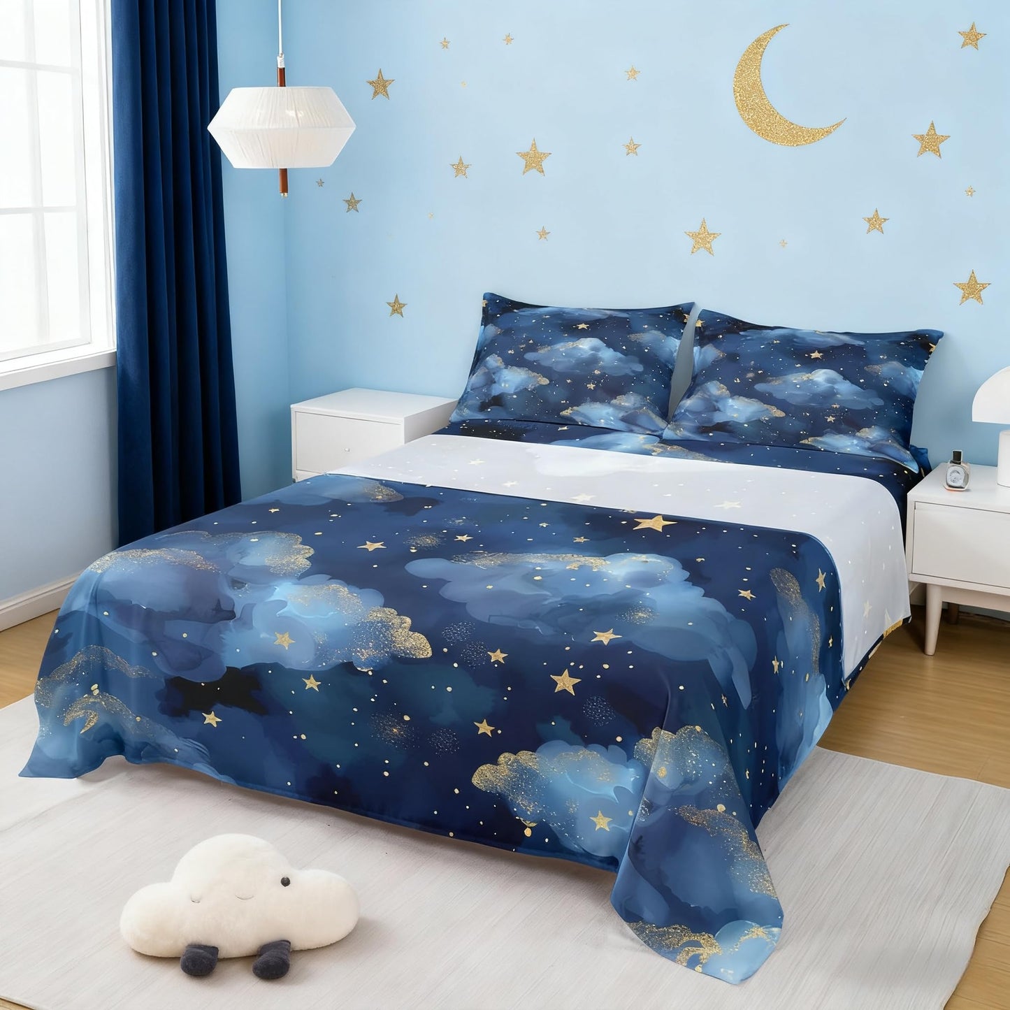 Castle Fairy Night Sky Sheet Set Trippy Starry Galaxy Bedding Set Ombre Blue Cloud Bed Sheets Teens Room Decor Navy Blue Bed Set (Twin Flat Sheet & Fitted Sheet with 1 Pillow Case)
