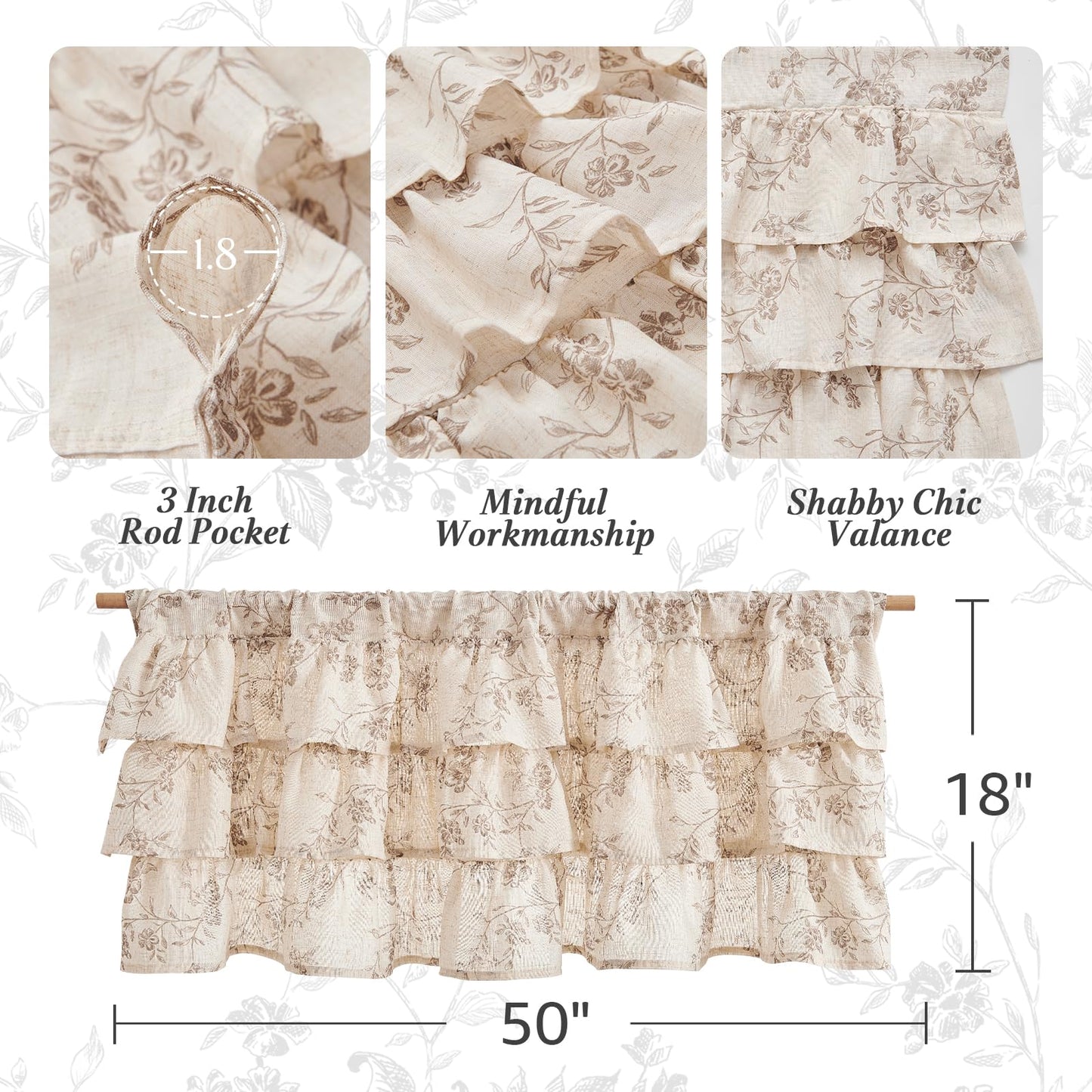 jinchan Ruffled Floral Valance Curtain Shabbychic Linen Window Valance 18 Inch Farmhouse Rustic Window Treatment for Kitchen Bedroom Living Room Rod Pocket 1 Panel Taupe on Linen