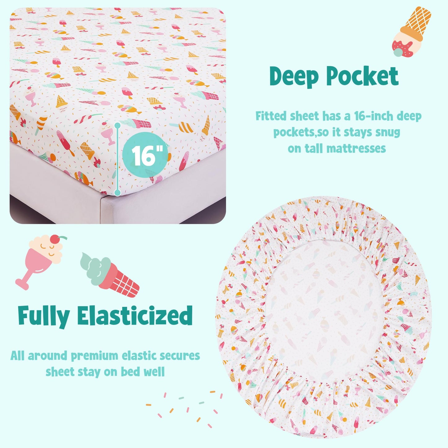 CozySmile Full Sheet Set Kids,4 Pieces Breathable Soft Microfiber Bedsheets for Child Girls, Oeko-TEX, Anti Pilling Deep Pockets Easy Care Bed Sheets, Ice crea