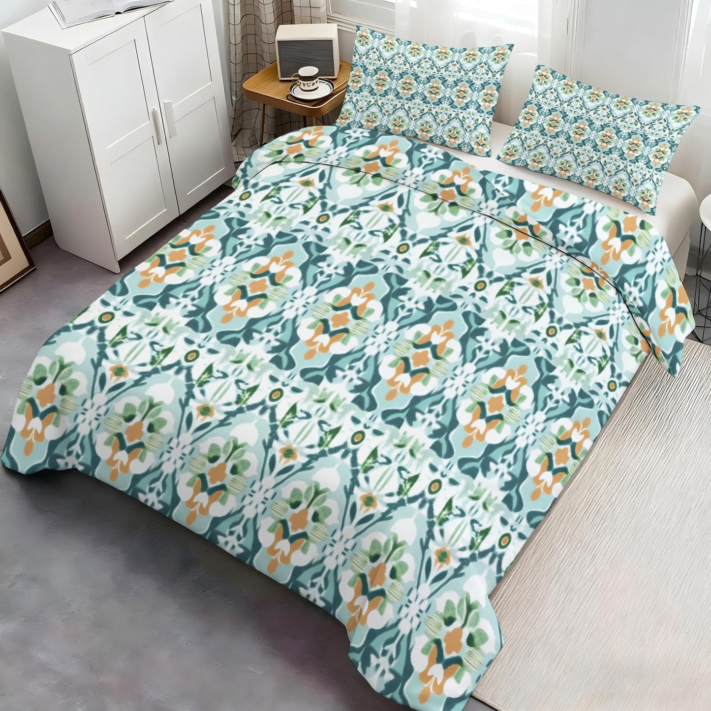ZAMODE Southwestern Duvet Cover 120" x 98", Vintage Teal Flower Bedding Set, Mid Century Modern Comforter Cover with Zipper Ties