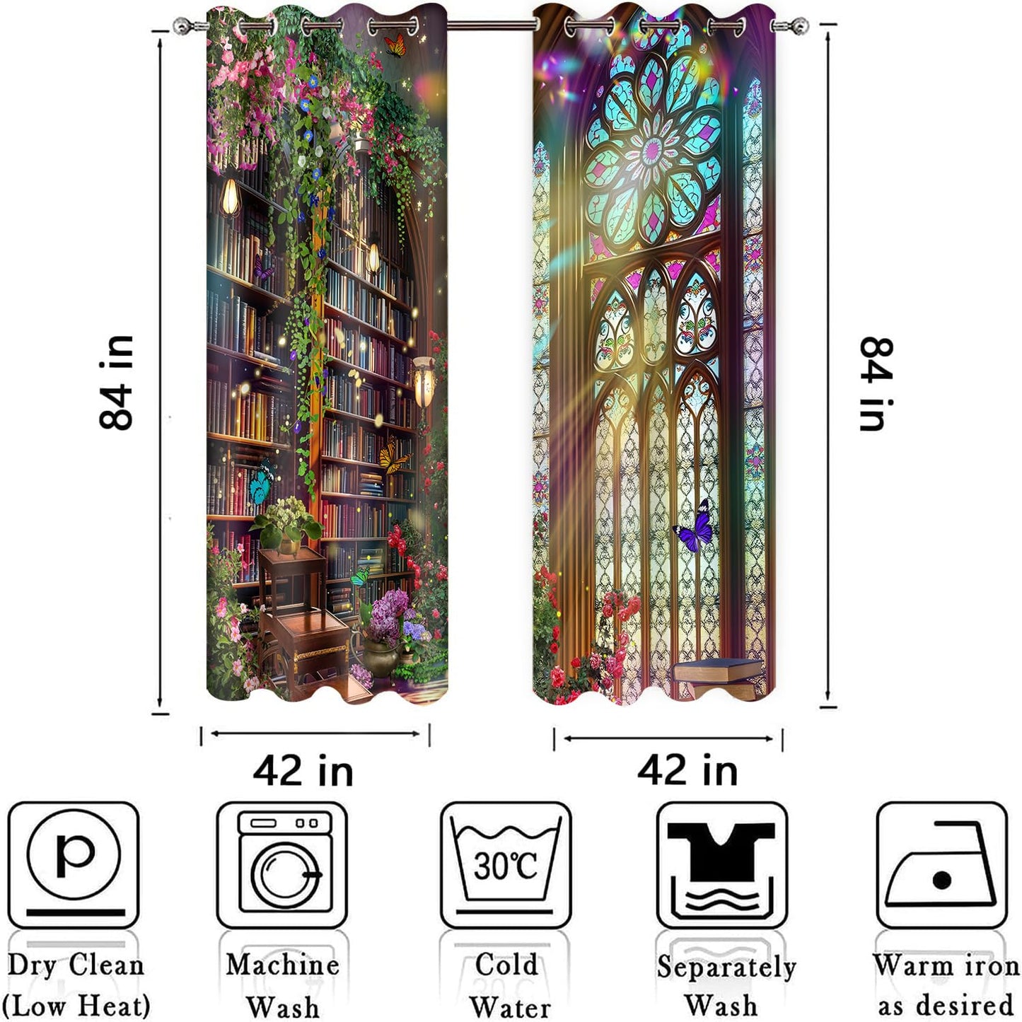 HIYSMT Fantasy Library Blackout Curtains,Stained Glass Medieval Curtain,4284inch Fairy Tale Magic Book Bookshelf Butterfly Print Drapes for Bedroom Living Room 2Panel HI09YL