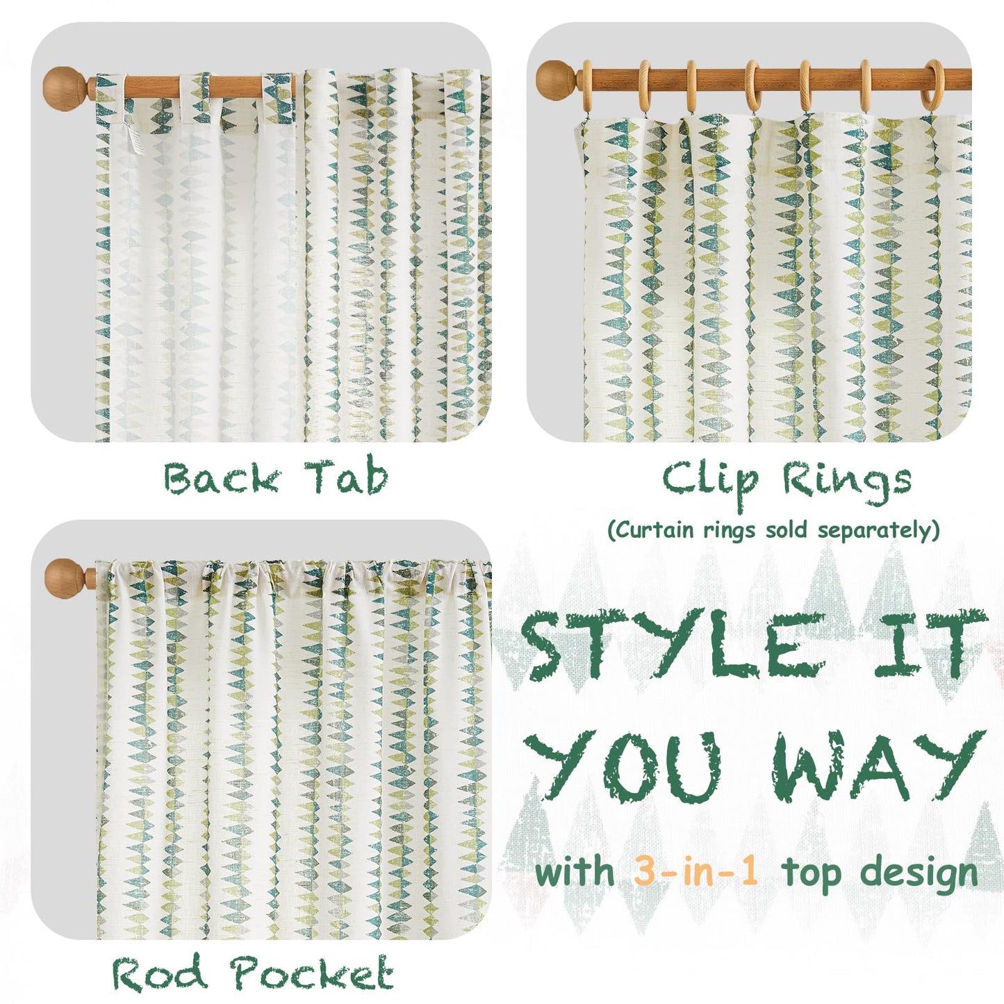 jinchan Linen Nursery Curtains for Living Room Boho Curtains for Bedroom Kids Room 63 Inches Long Geometric Printed Farmhouse Drapes Rod Pocket Window Treatment Curtain Set of 2 Panels Green
