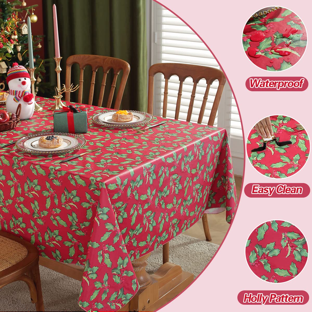 Christmas Tablecloth Rectangle Vinyl Flannel Backing, Floral Holly & Berry Print Waterproof Plastic Heavy Table Cloth for Dining, Buffet Party & Outdoor Decorations, 52 x 70 Inch Red