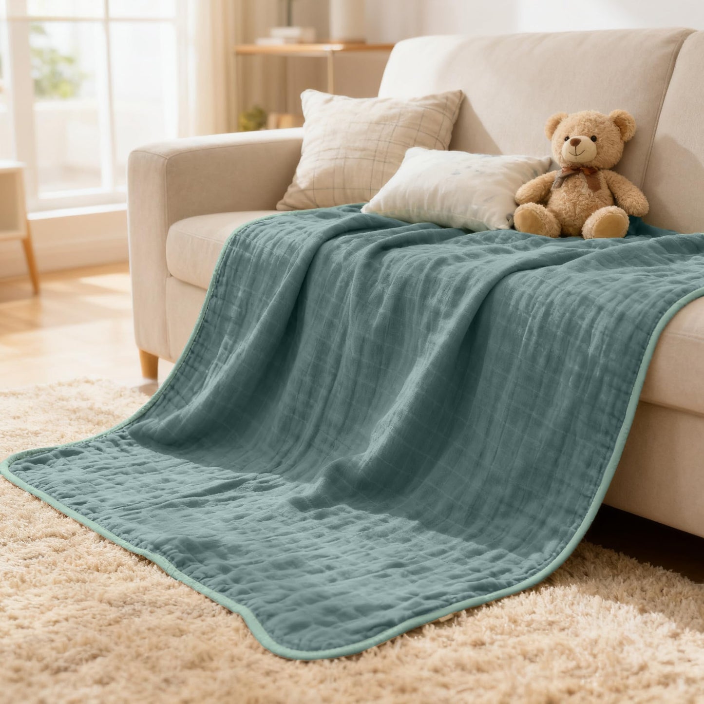 ZPECC Muslin Toddler Blanket Thicker, 47x47 Organic Cotton Kids Quilt Hypoallergenic for Baby Essentials Crib Stroller Daycare Cot, Dark Green