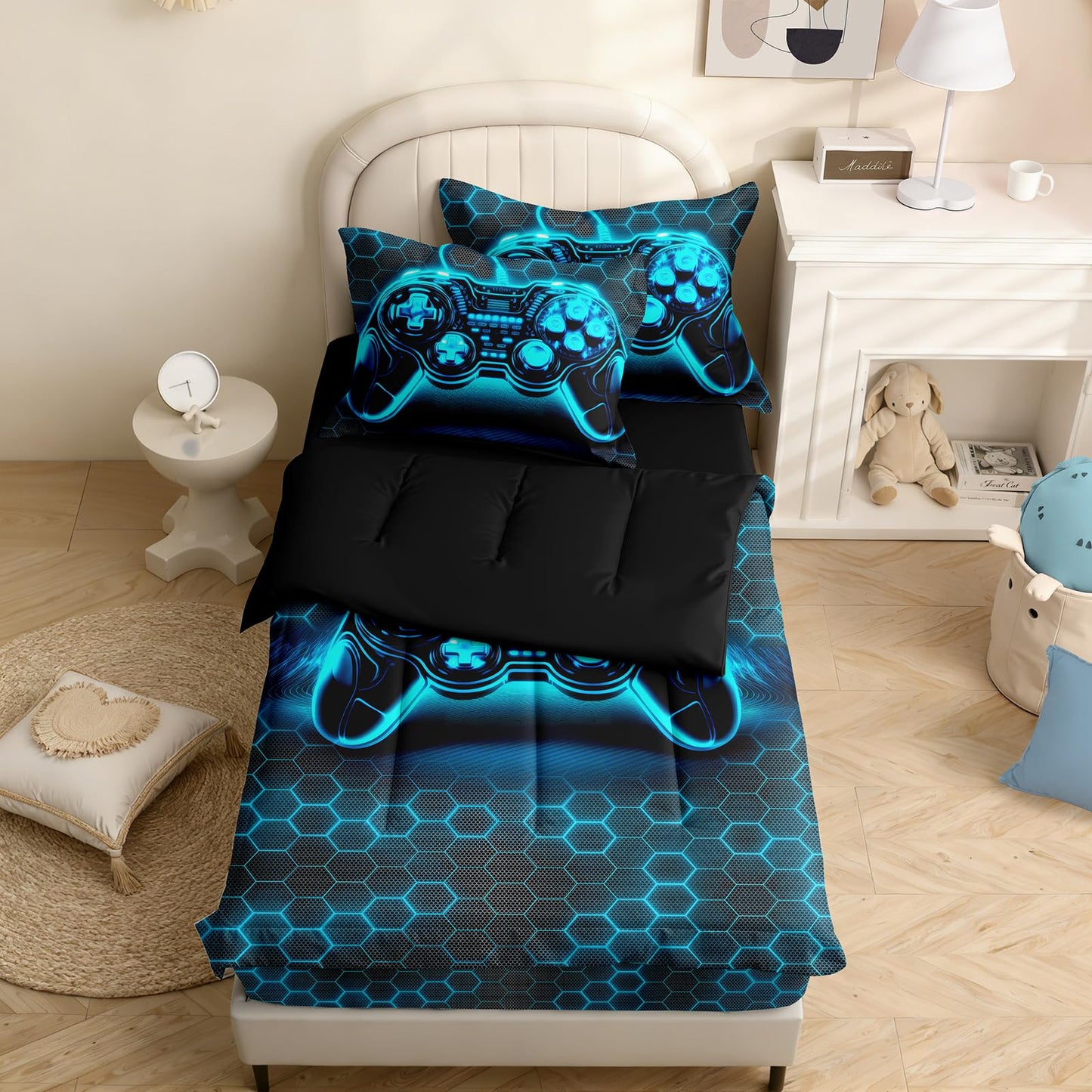 Yadangxiawa Kids Comforter Set,Zipper Bedding Twin for Teen,Gaming Printed Comforter Set with Fitted Sheets and Pillowcases for All Season(Honeycomb Gamepad Twin)
