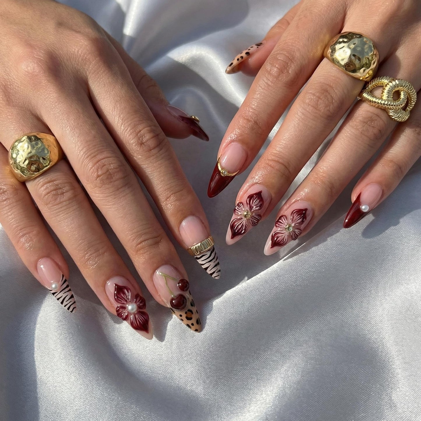 Almond Press on Nails Long Fake Nails Red Artificial Nail Seeneey Red Floral and Cherry Leopard Designs Cute Stick on Nail for Women 24pcs