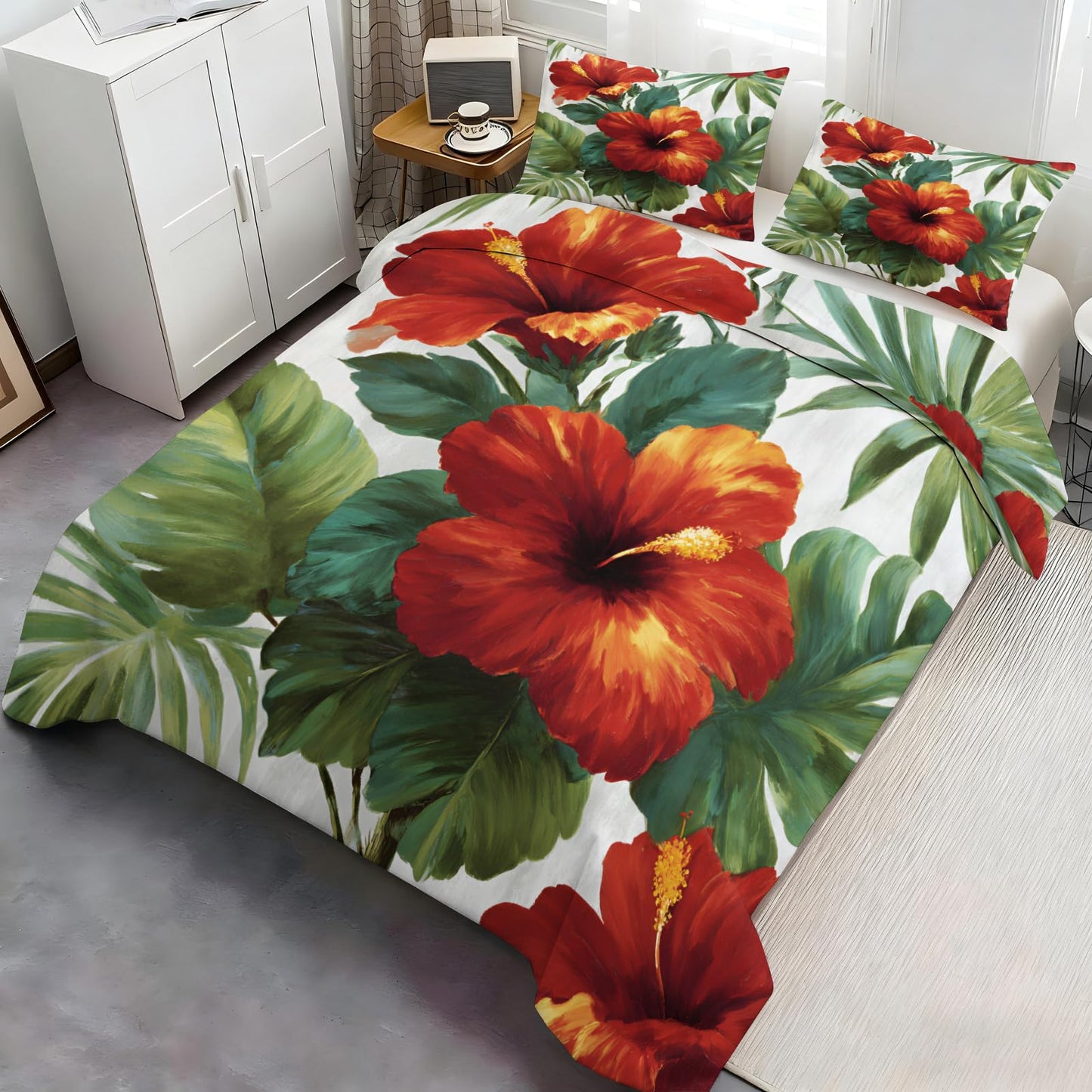 ZAMODE Floral Comforter Cover 104" x 90", Tropical Plants Hibiscus Bedding King Size, Hawaiian Summer Floral Duvet Cover with 2 Pillowcases