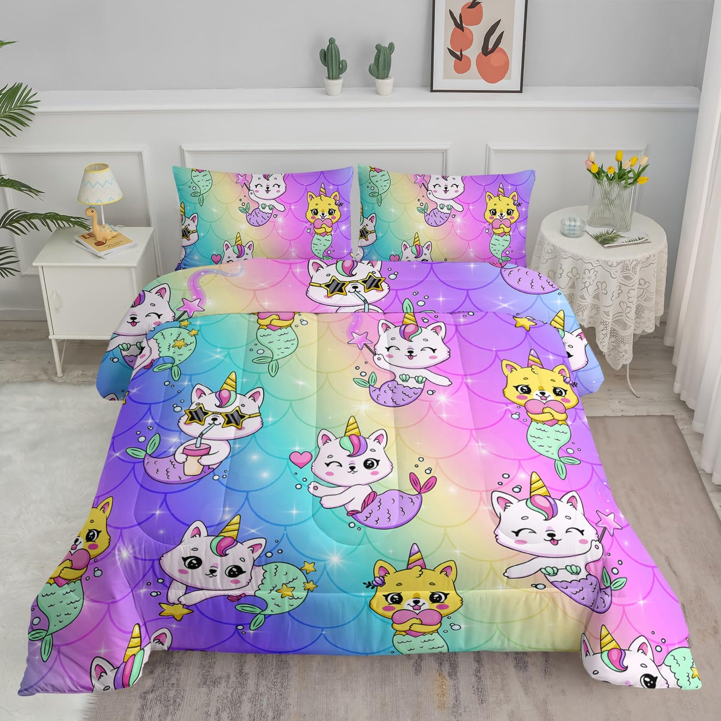 Axolotl Unicorn Cat Bedding Full,Cute Cartoon Cat Comforter Set,Rainbow Mermaid Scales Printed Kids Bedding Set for Girls Kids Adults Teens,Girls Comforter,1 Quilt 2 Pillowcases,Pink Blue Purple