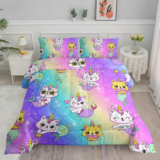 Axolotl Unicorn Cat Bedding Full,Cute Cartoon Cat Comforter Set,Rainbow Mermaid Scales Printed Kids Bedding Set for Girls Kids Adults Teens,Girls Comforter,1 Quilt 2 Pillowcases,Pink Blue Purple