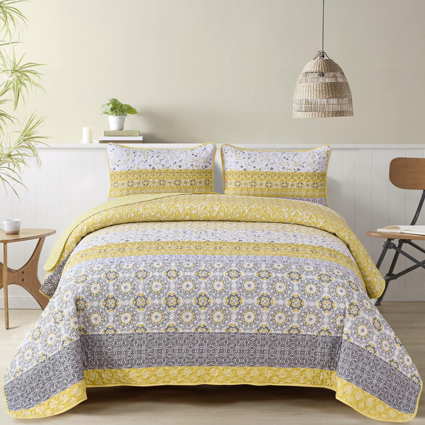 WONGS BEDDING Boho Quilt Set Queen, Yellow Bohemian Striped Patchwork Bedspread Coverlet Set with 2 Pillowcases, Microfiber Floral Bedding Set 96''×90''
