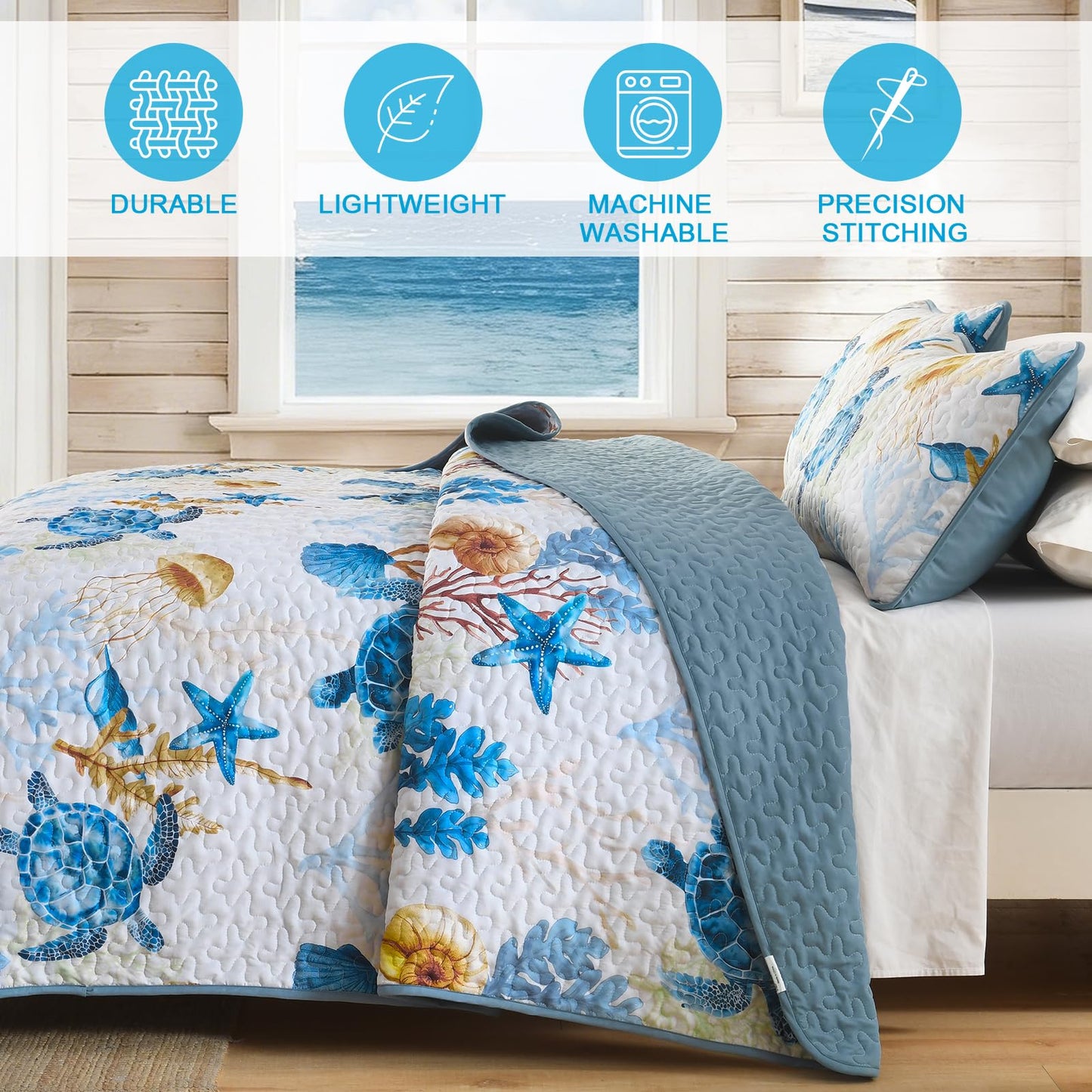 DJY Coastal Quilt Set King Size 3 Piece,Summer Beach Bedspread Coverlet Lightweight Green Ocean Turtle Theme Bedding Set,All Season Reversible Microfiber Thin Bed Set with Shams 110"×90"