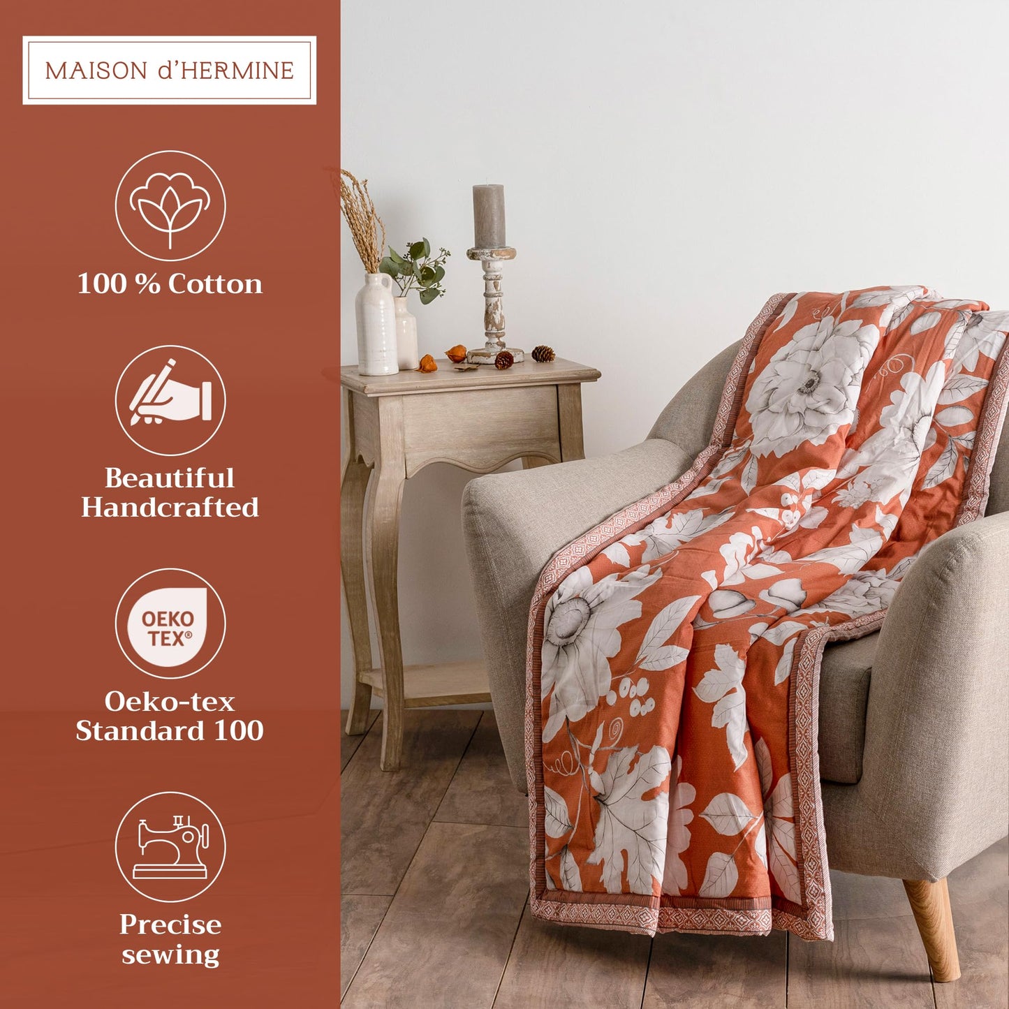 Maison d' Hermine Throw Blanket for Couch Lightweight Soft Warm Breathable Cotton Throw Blankets for Bed Girls Boys Women Men Gifts Room Spring Summer (Pretty Autumn - Langoustino, 60" X 80")