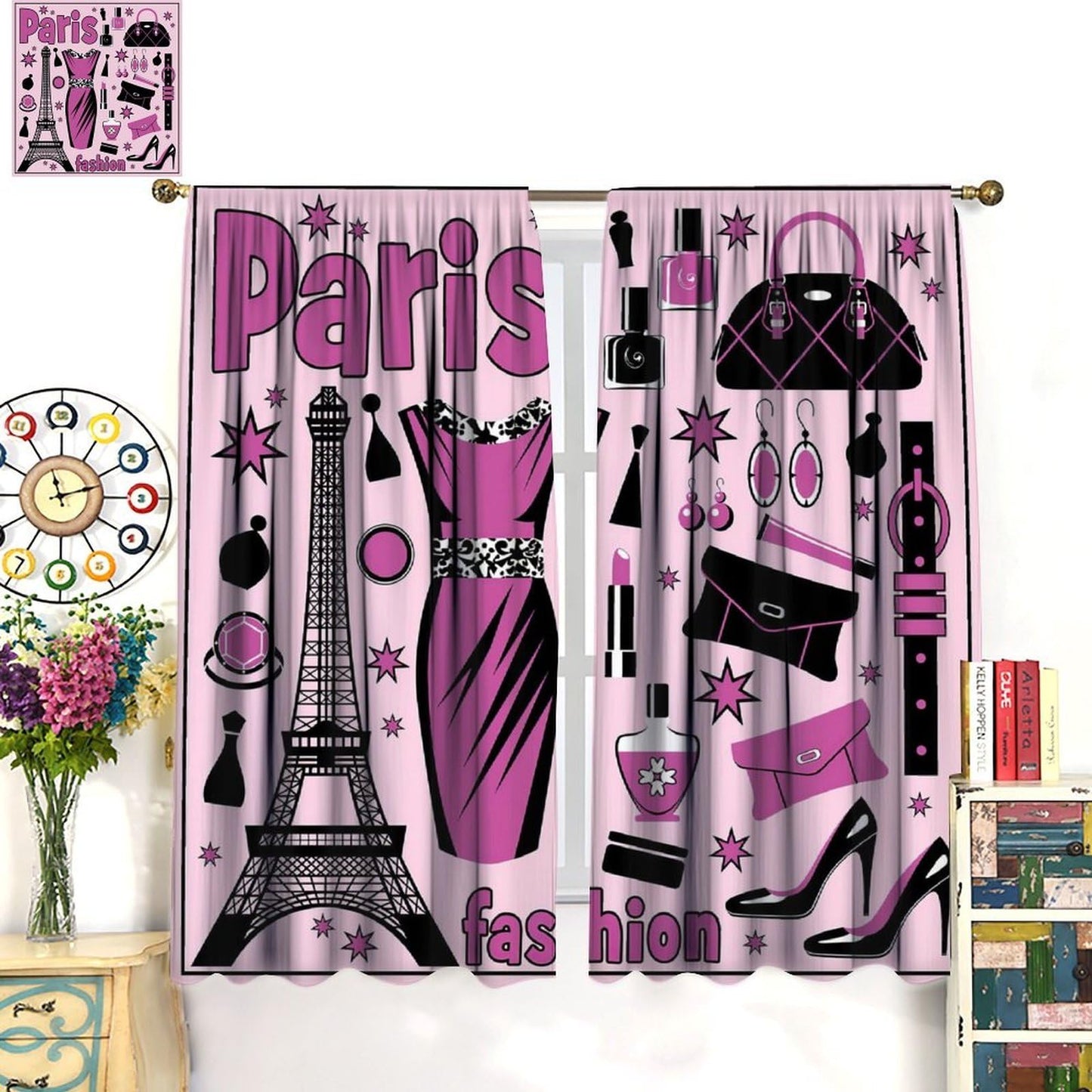 VUMIVI Paris Fashion City Curtains Eiffel Tower Perfume Modern Decor Dresses Pink Illustrations Rod Pocket Window Treatments for Bedroom Kitchen Living Dining Apartment Dorms Cafe 42" W X 44.5" L