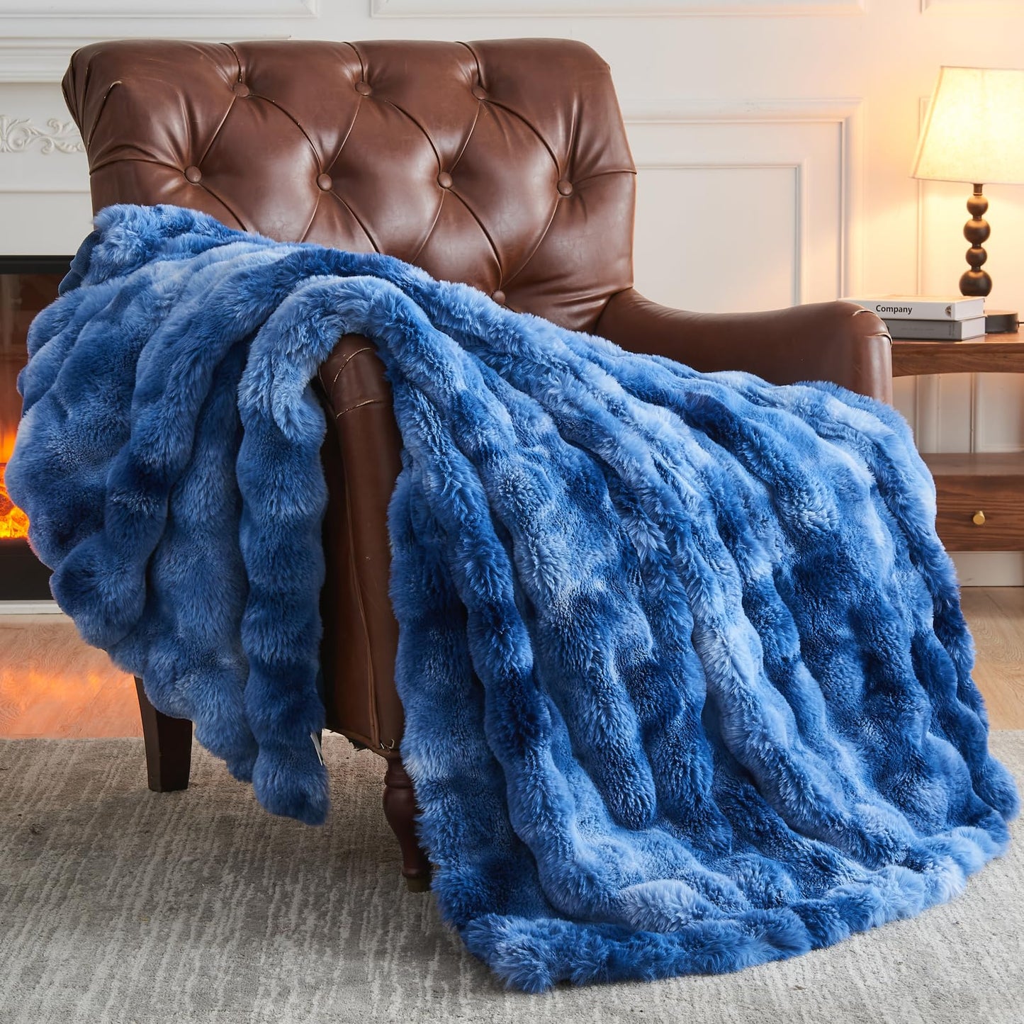 NEWCOSPLAY Faux Fur Throw Blanket Indigo Luxury Fluffy Thick Warm Bubble Blanket for Couch Sofa Bed 700GSM (Indigo, Throw(50"x60"))