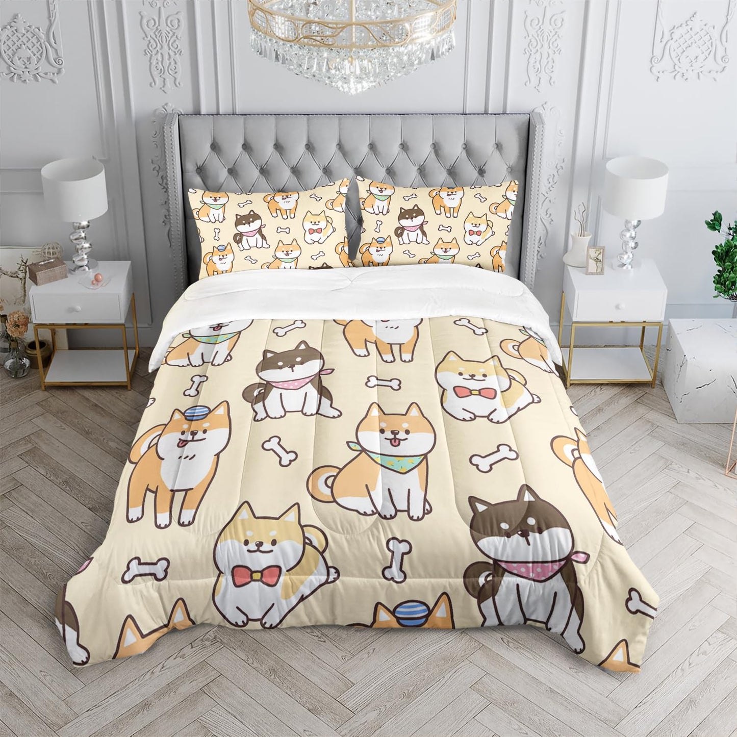 XYNHML Kawaii Cartoon Corgi Dog Animal Themed 3Pcs Comforter Full Yellow Black Dogs Pattern Bedding for Kids Teens Girls Boys Cute White Bone Quilt Bed Decor Set with 1 Comforter and 2 Pillowcases