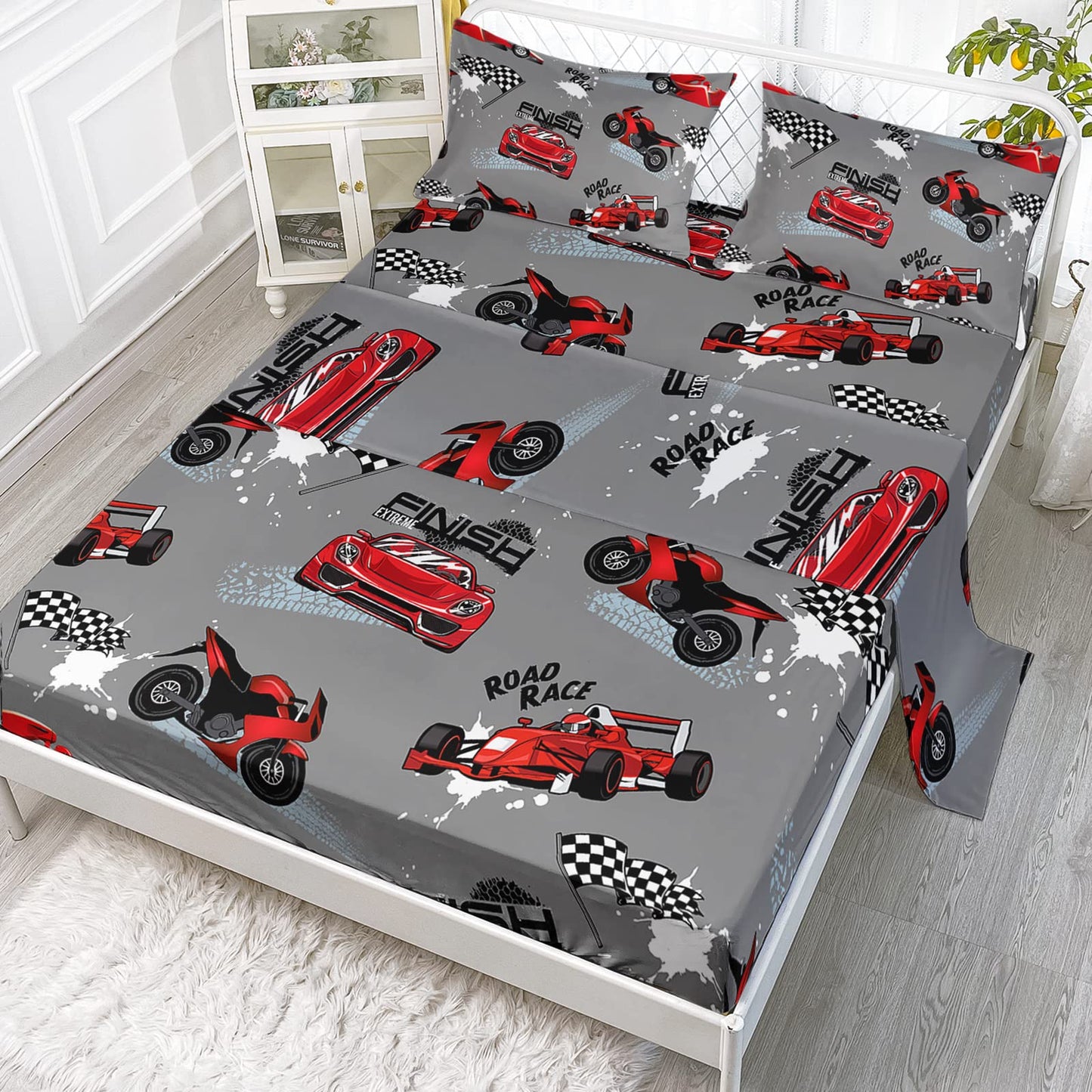 Axolotl Twin Racing Car Bedding Set, 4Pcs Red & Grey Car Bed Sheets with 1 Fitted Sheet 1 Flat Sheet 2 Pillowcases for Boys, Girls, Adults & Kids