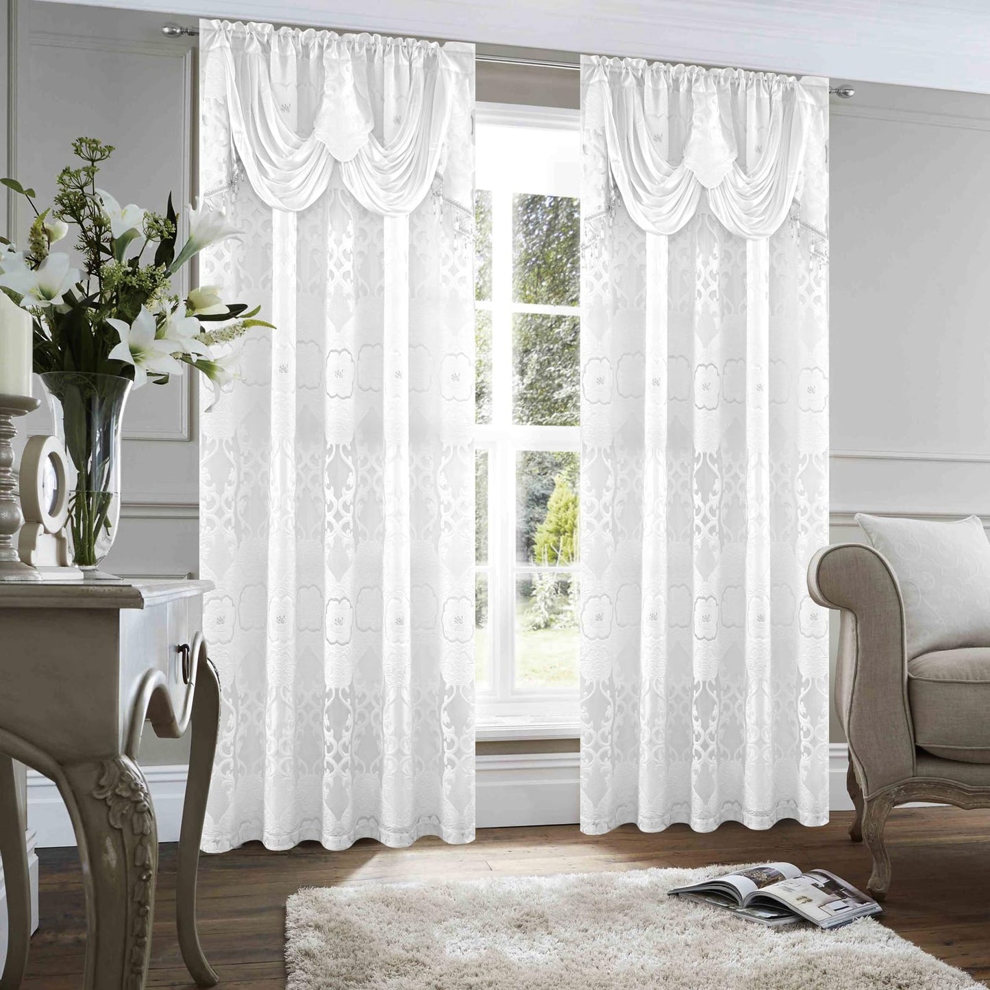 Petrichor White Sheer Jacquard Voile Curtains （54" W x 84" L）, 2 Panels with Attached Valance, Double Layer Floral Cutwork Design with Luxurious Texture, Rod Pocket, for Bedroom & Living Room