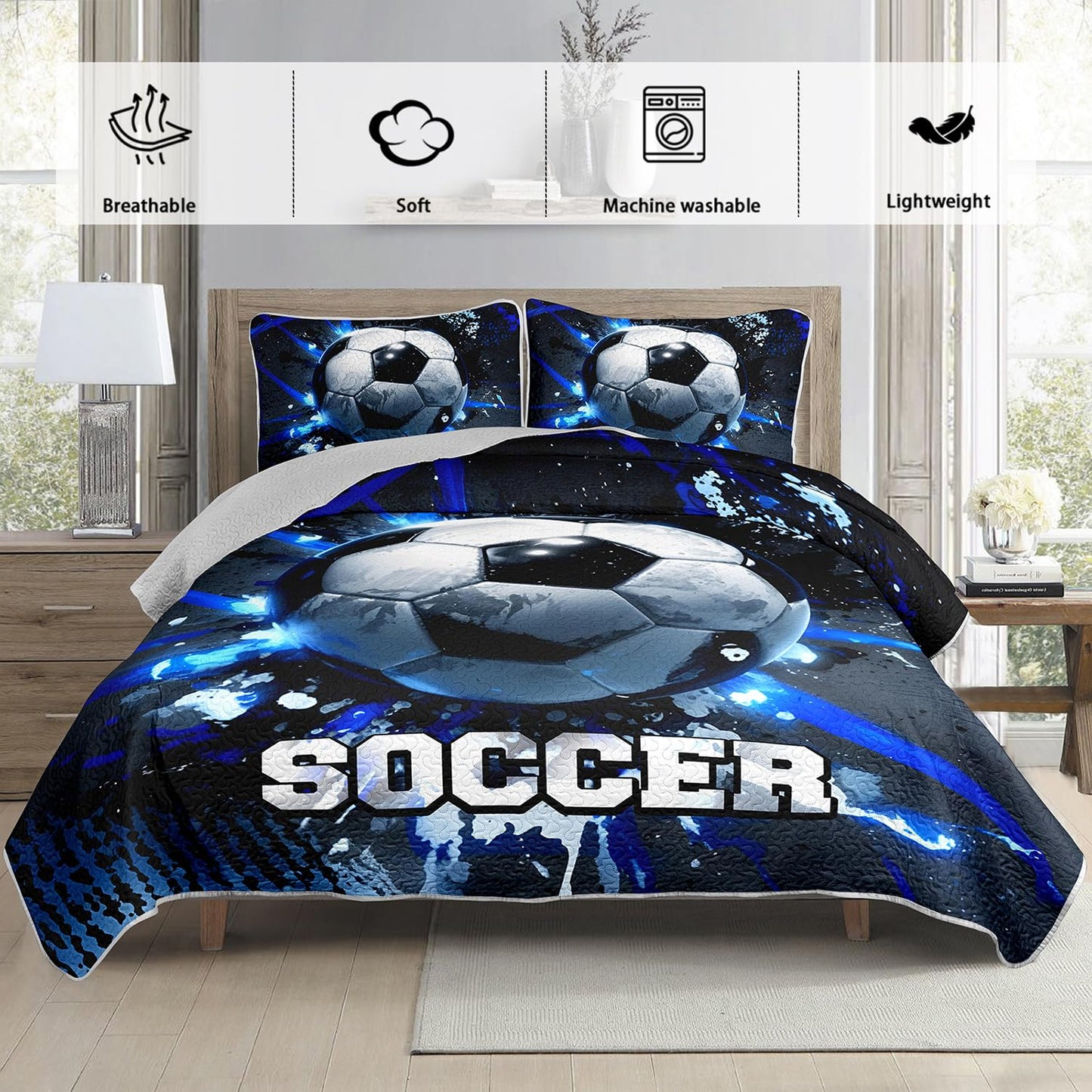 UEVBF Football King Bedding Set,Balls Sports Themed Quilted Quilt Sets for Kids Boys Teens Soccer Room Decor,Dark Blue Tie-dye Style Bedding Sets with 2 Pillowcases.