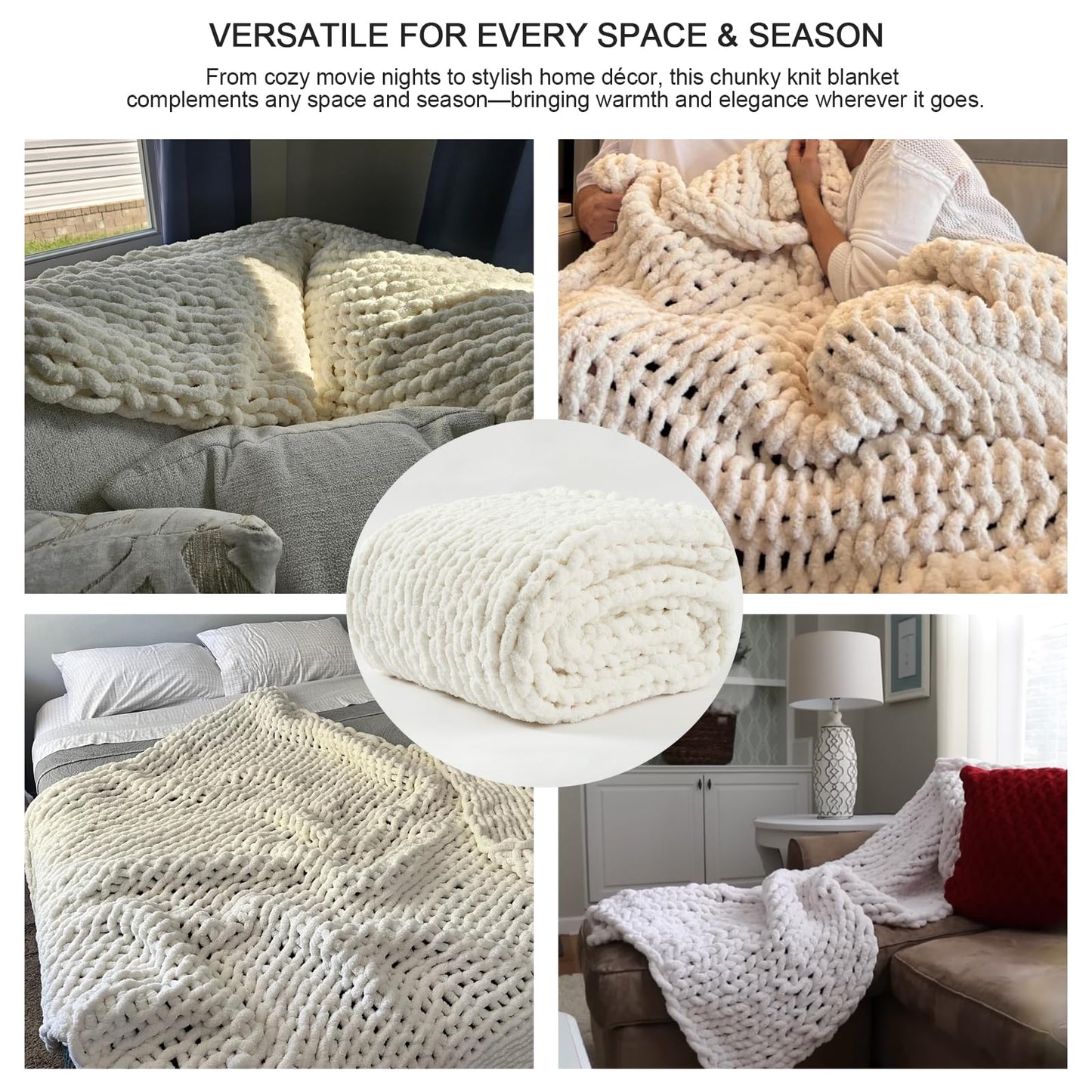 Luxury Chunky Knit Throw Blanket, Boho Chenille Cable Knit Blankets 50x60