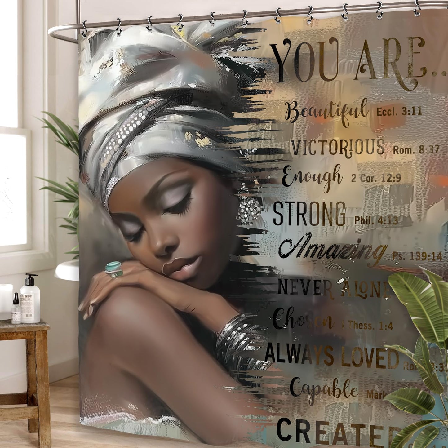 Yookeb African American Inspirational Bathroom Shower Curtain 60W by 71H Inch Black Girl Woman Lady Motivational Quotes Positive Bible Polyester Fabric 12 Plastic Hooks Waterproof Decor