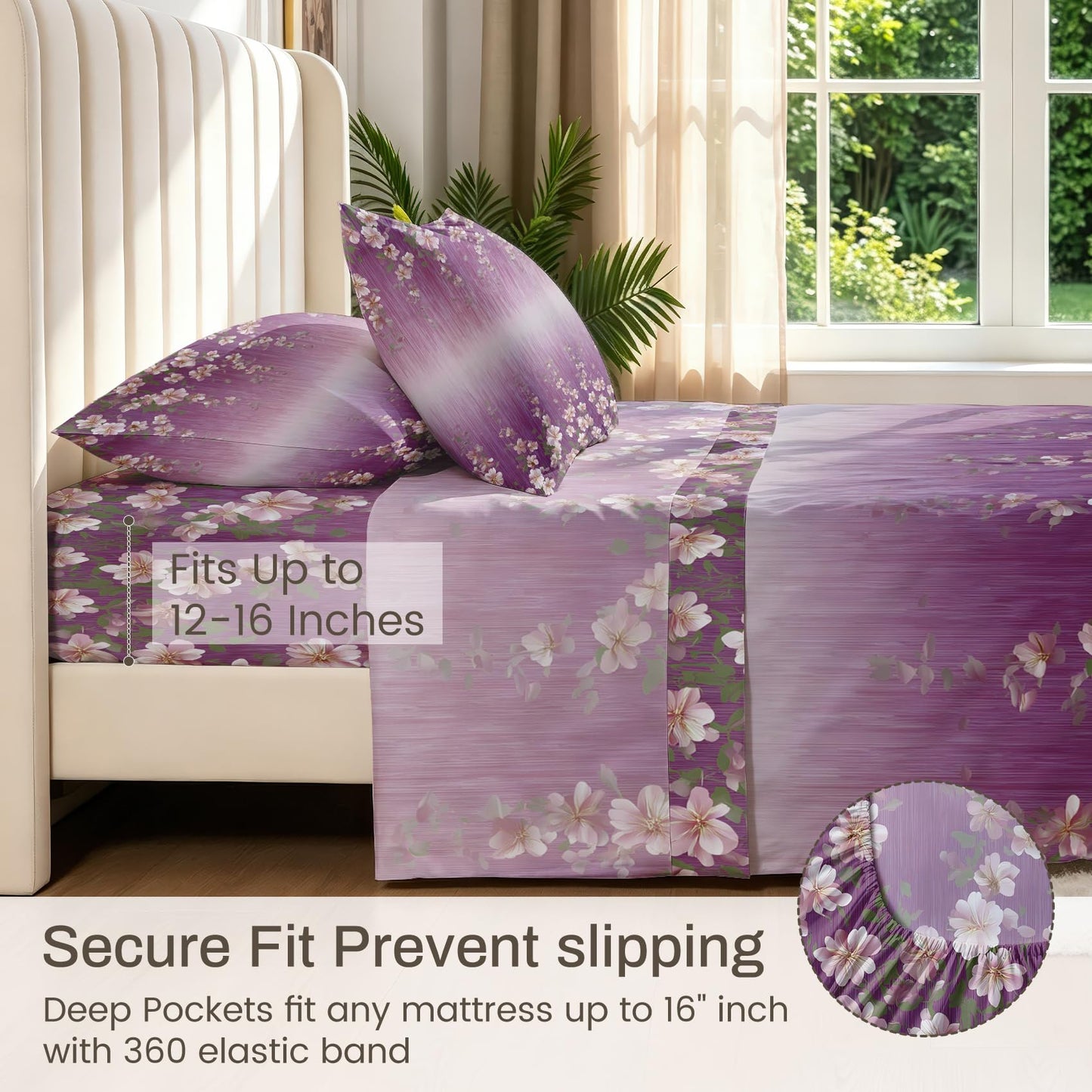 Girls Flower California King Sheet Set 4 Pcs Purple Gradient Bed Sheets