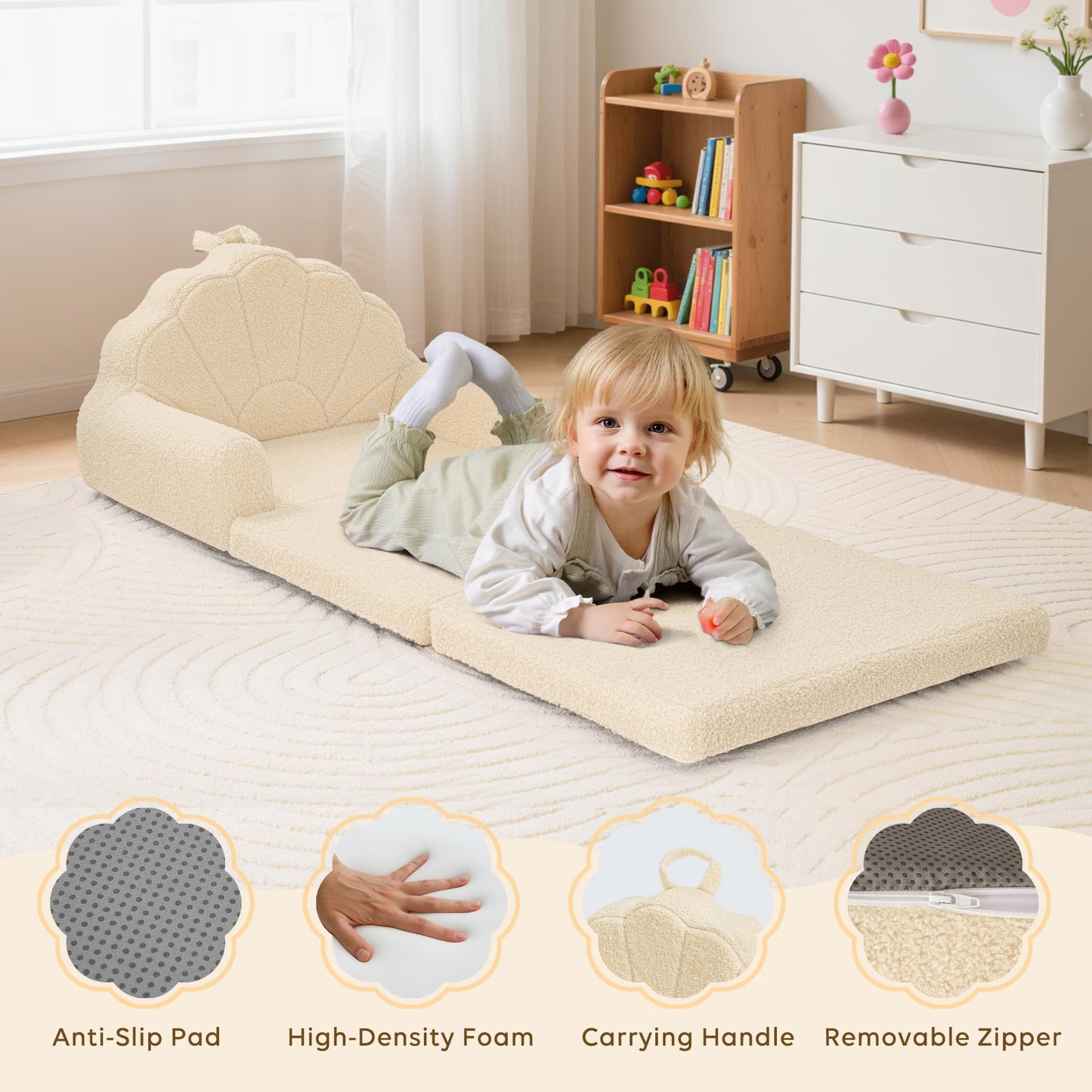Airpanda Cozy Kids Couch and Chair, Fold Out Foam Sofa, Beige