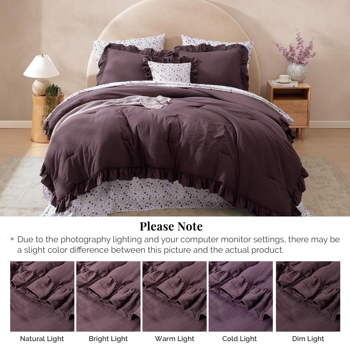 BLOOMHAVEN Queen Comforter Set - 7 Pieces Ruffle Purple Bedding Sets, Shabby Chic Farmhouse Bed in a Bag Queen with Ruffle Comforter, Floral Sheets, Pillowcases & Shams