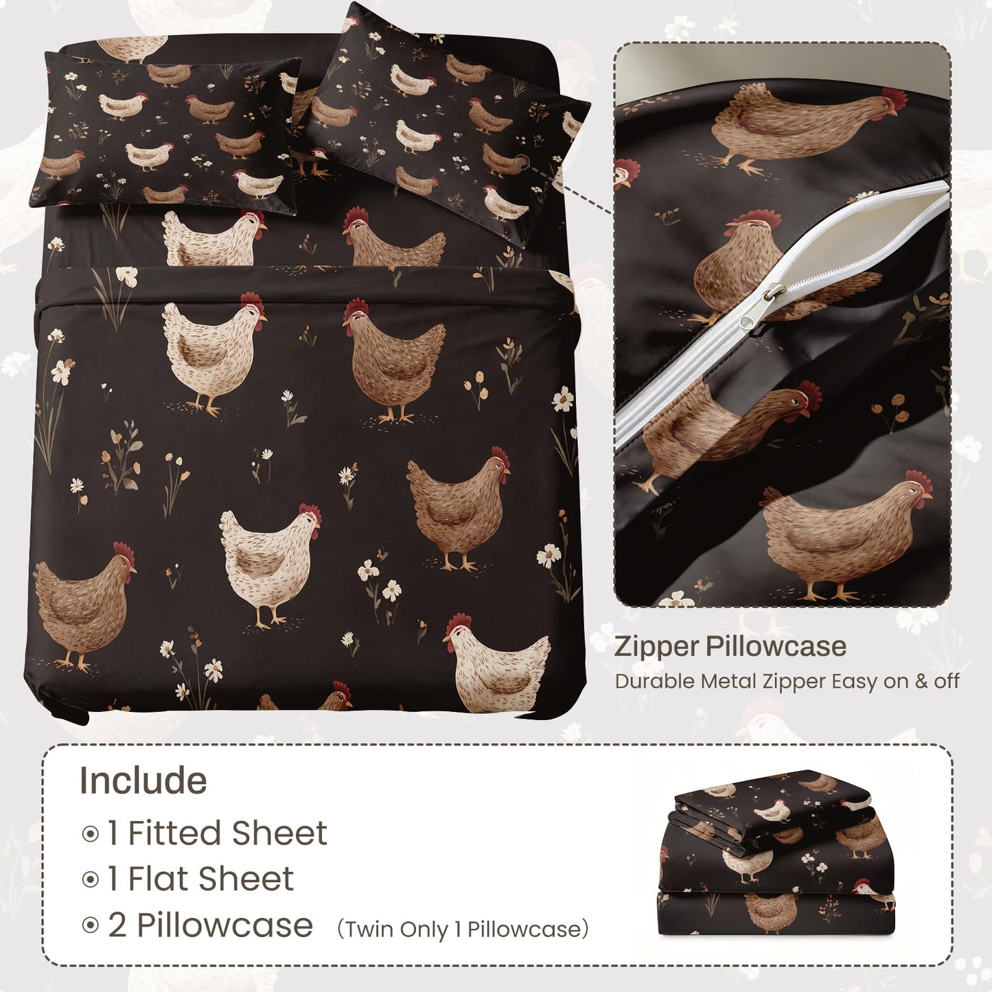 Chicken Queen Sheet Set Rustic Farmhouse Flat Fitted Sheet Sets, Brown