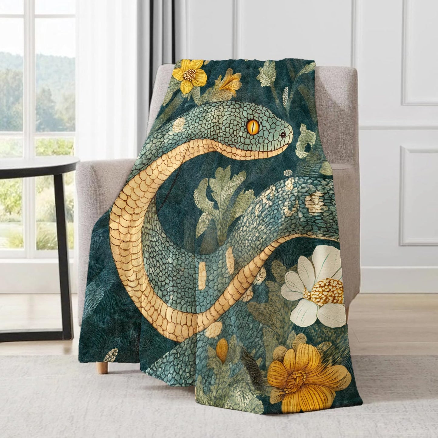 ainori Snake Blanket - Cool Serpentine Dark Green Botanical Fleece Throw,Gifts for Adult, Soft & Warm,Lightweight, for Modern Artistic Decor, Living Room Home Accent 50x60in