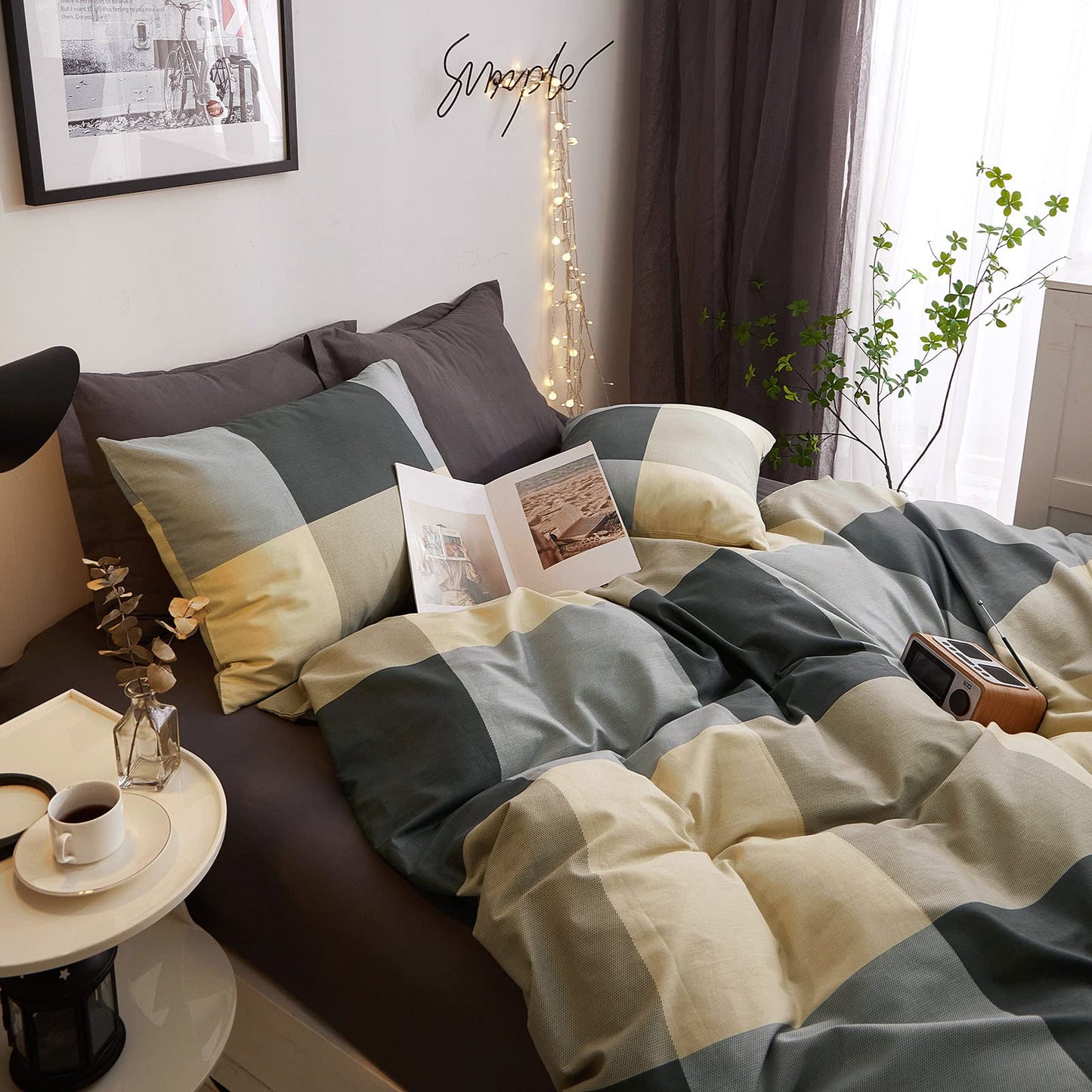 VM VOUGEMARKET Teens Boys Duvet Cover Queen,3 Pieces Black Gray Plaid Bedding Duvet Cover Set,100% Cotton Simple Modern Farmhouse Bedding Set Without Comforter-90x90,Checkered