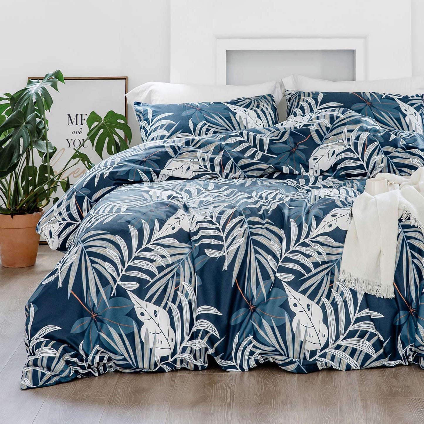 YuHeGuoJi Tropical Botanical Duvet Cover Queen 100% Cotton 3 Pcs Set 1 Blue White Plant Duvet Cover with Zipper Ties 2 Pillowcases Farmhouse Coastal Hawaiian Leaves Pattern Bedding Set Soft