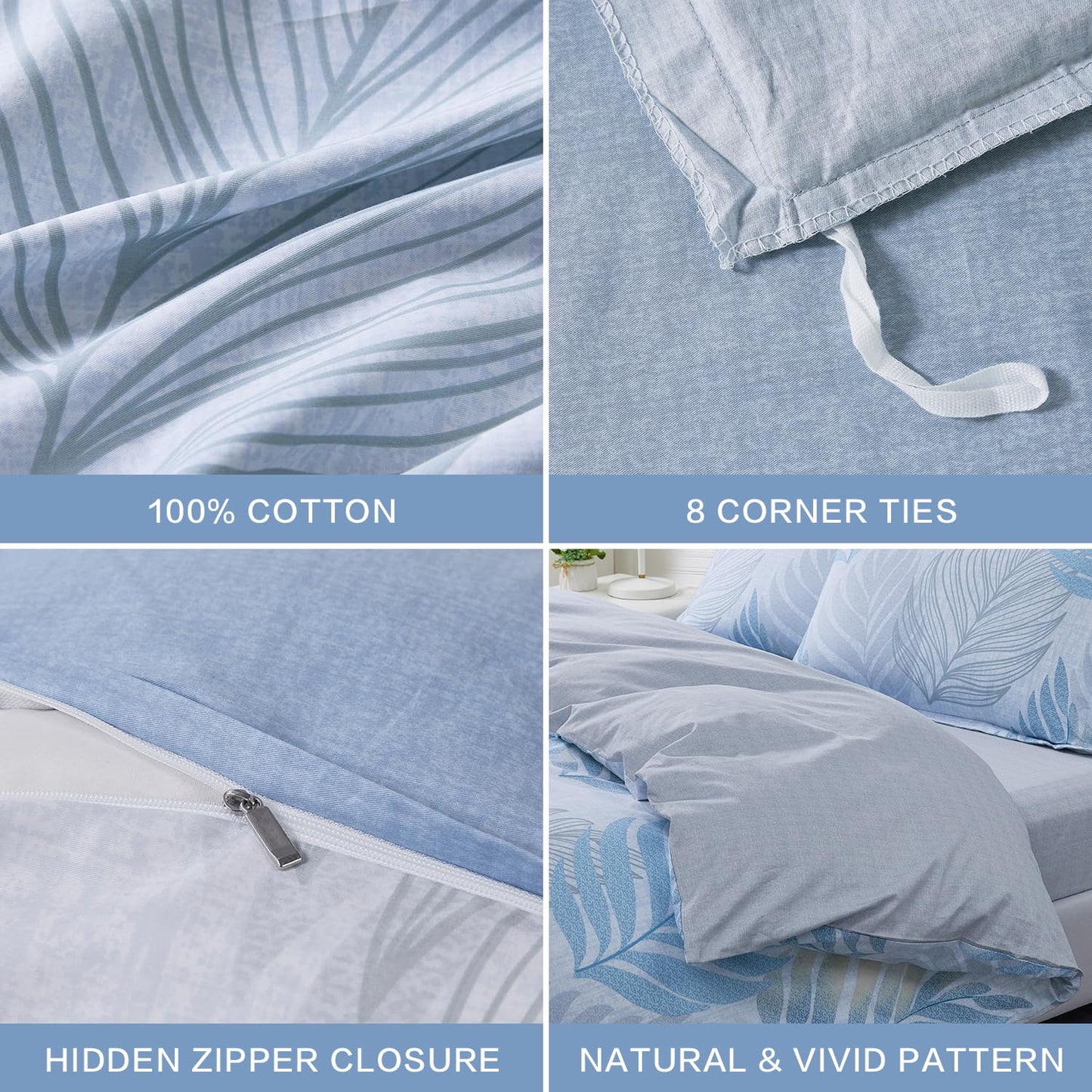SAPHREAS Blue Leaf Duvet Cover Set Full Size 3pcs Tropical Botanical Monstera Leaf Pattern Bedding Comforter Cover Set 100% Cotton 1 Duvet Cover 2 Pillow Shams
