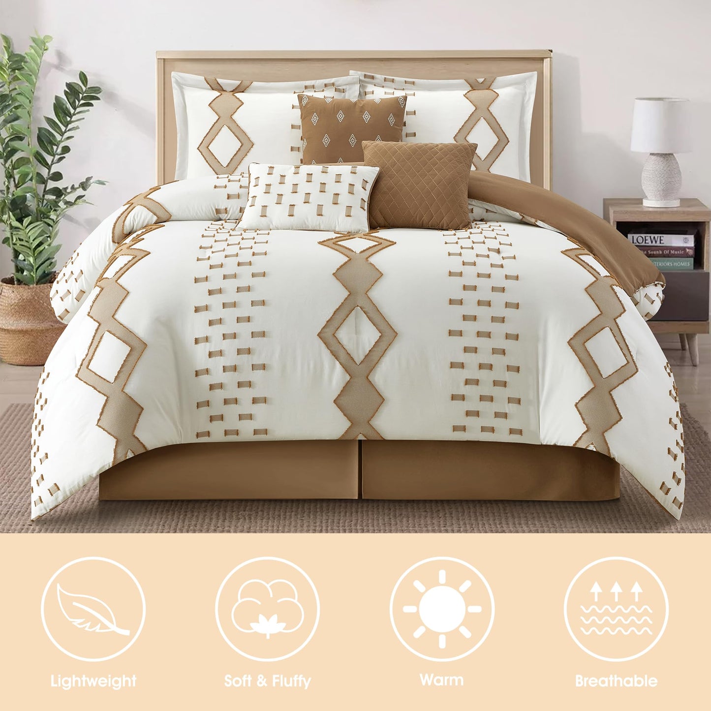 LANCO MODERN LIFESTYLE 7 Piece Taupe and White Comforter Set, California King, Boho Home Decor, Geometric Clip Pattern Bedding Set for All Seasons, Bed in a Bag, Bedskirt, Shams and Decorative Pillows