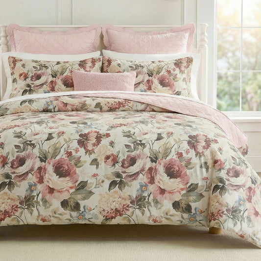 Bedorm Cotton Floral Duvet Cover Set King Size Bedding Set Pink Red Floral Botanical Print Girls Women Romantic Bedroom Decor Soft & Breathable 100% Cotton Duvet Cover with 8 Corner Ties
